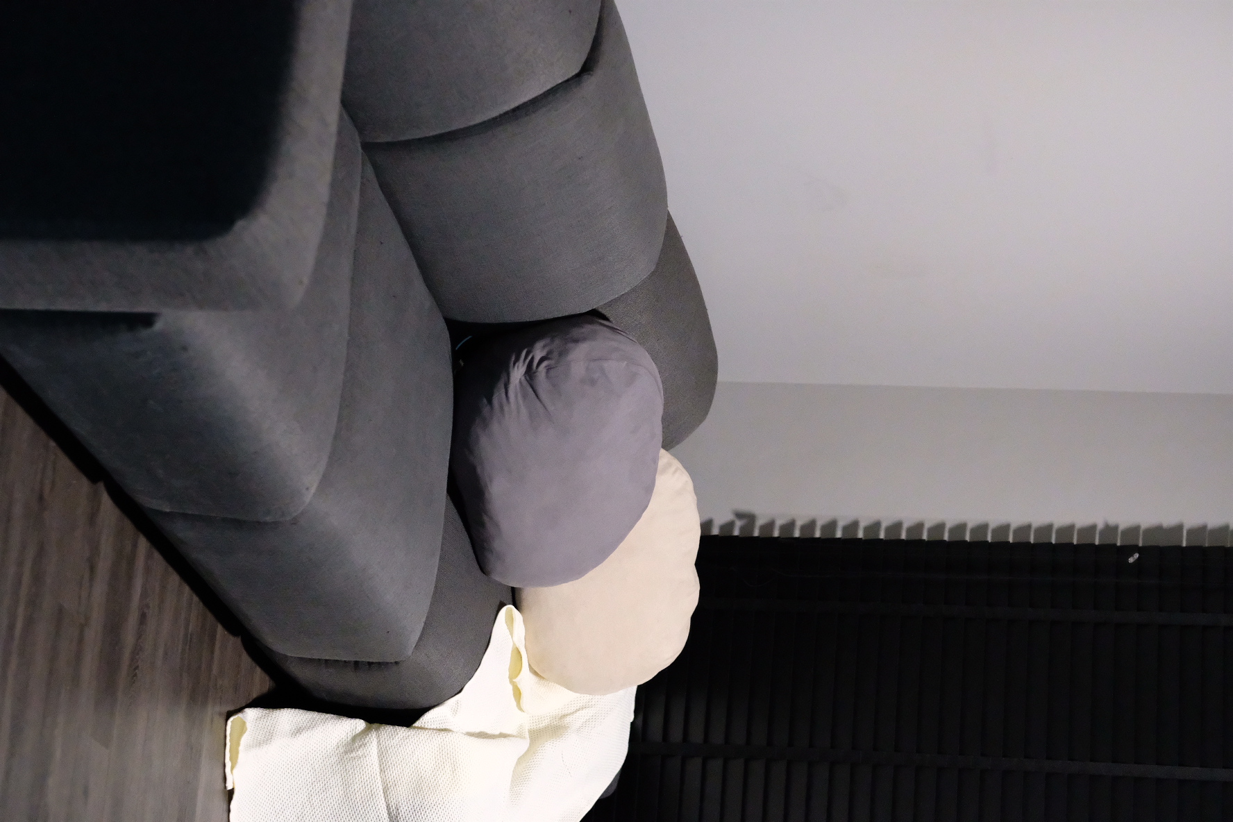 House Tour: Dark Modern Minimalist under 35k Renovation - Grey sofa, cushion, pillows, modern living room, minimalist design