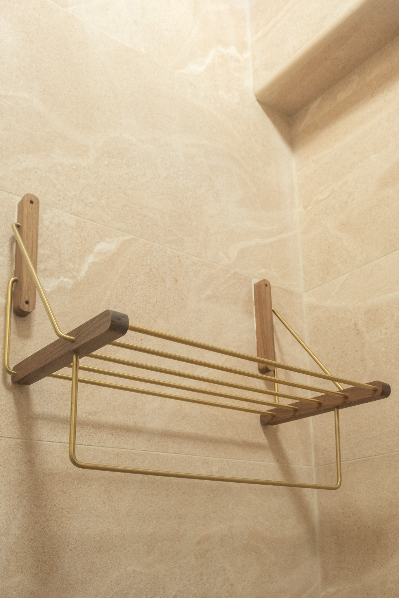 Maximising space in our cosy & quirky home with cats - modern bathroom shelf, gold metal rack, wooden handles, minimalist
