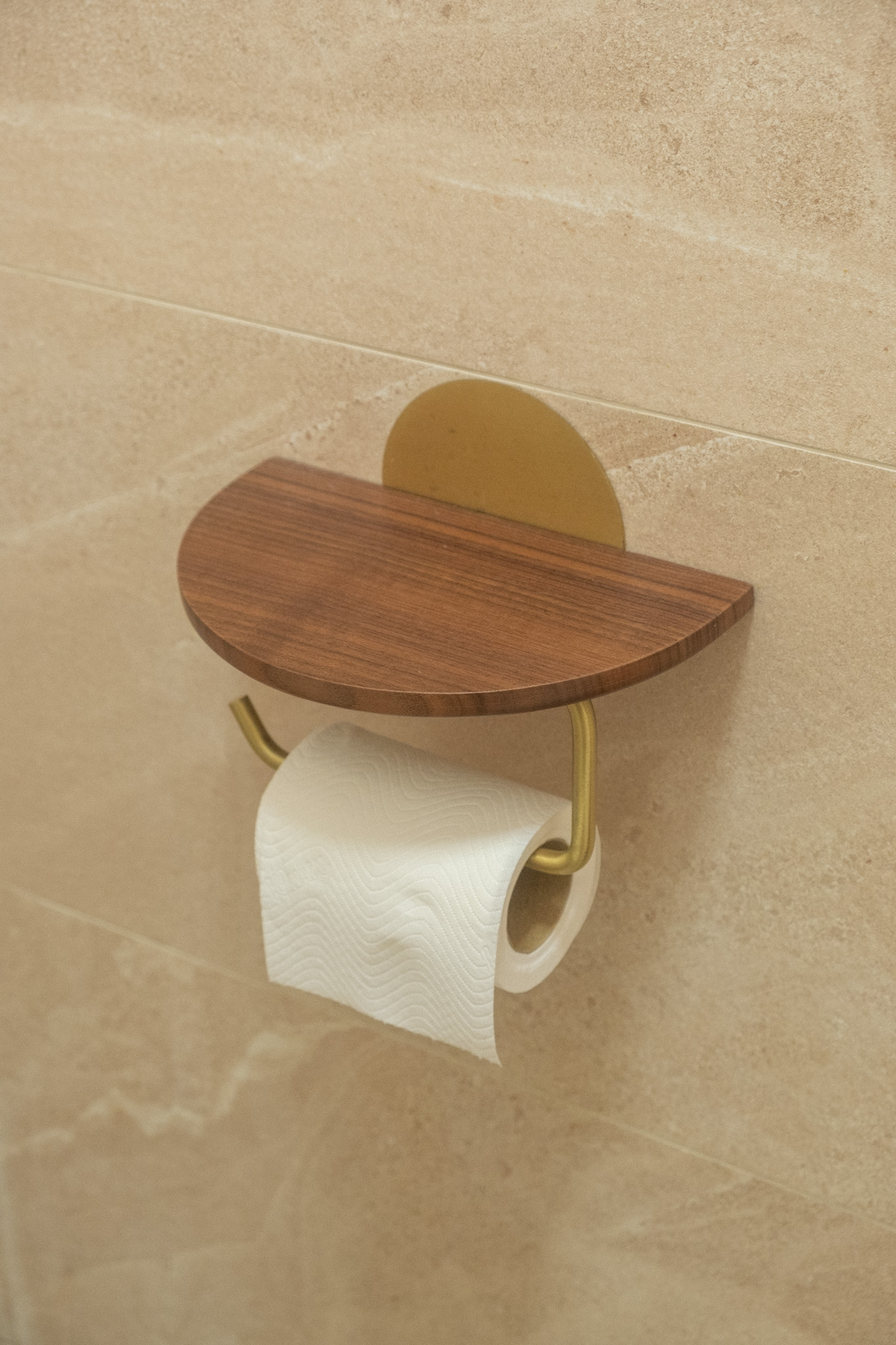 Maximising space in our cosy & quirky home with cats - Wooden bathroom vanity with gold metal holder, beige tiled wall, white