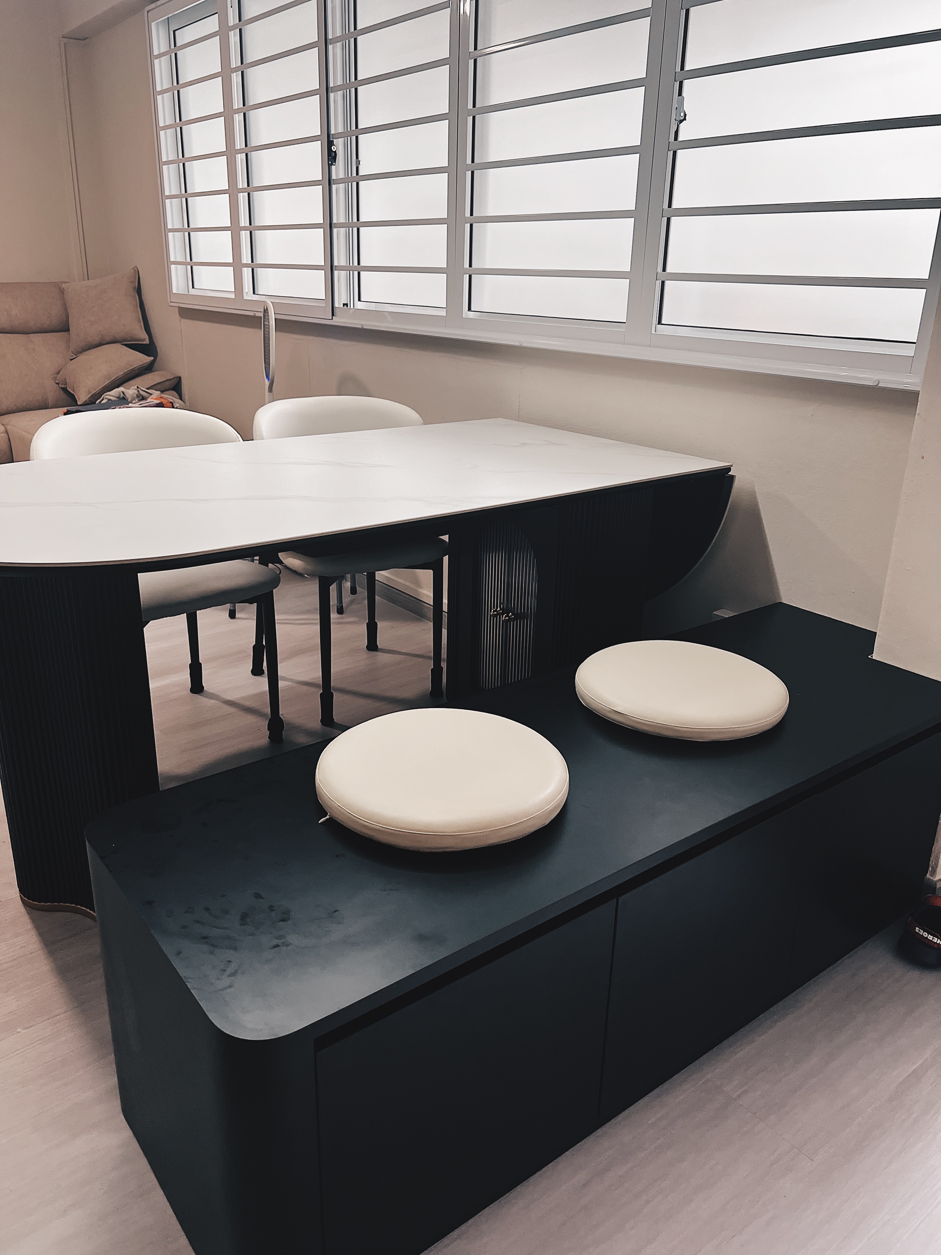 Render vs Reality: Our Dining Corner 🍽️ - Modern minimalist dining room, sleek black and white dining table, contemporary