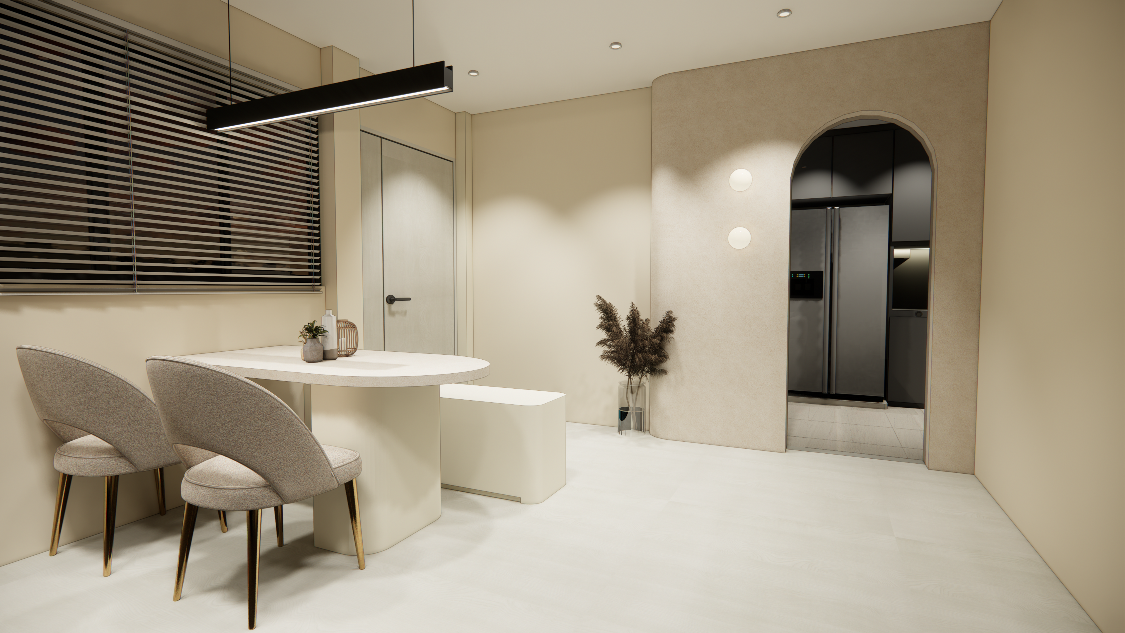 Render vs Reality: Our Dining Corner 🍽️ - Modern minimalist dining room, sleek furniture, beige walls, recessed lighting