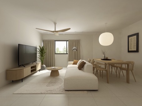 Inside our odd-shaped mid-century eclectic home - Minimalist living room with modern furniture, neutral color palette, large