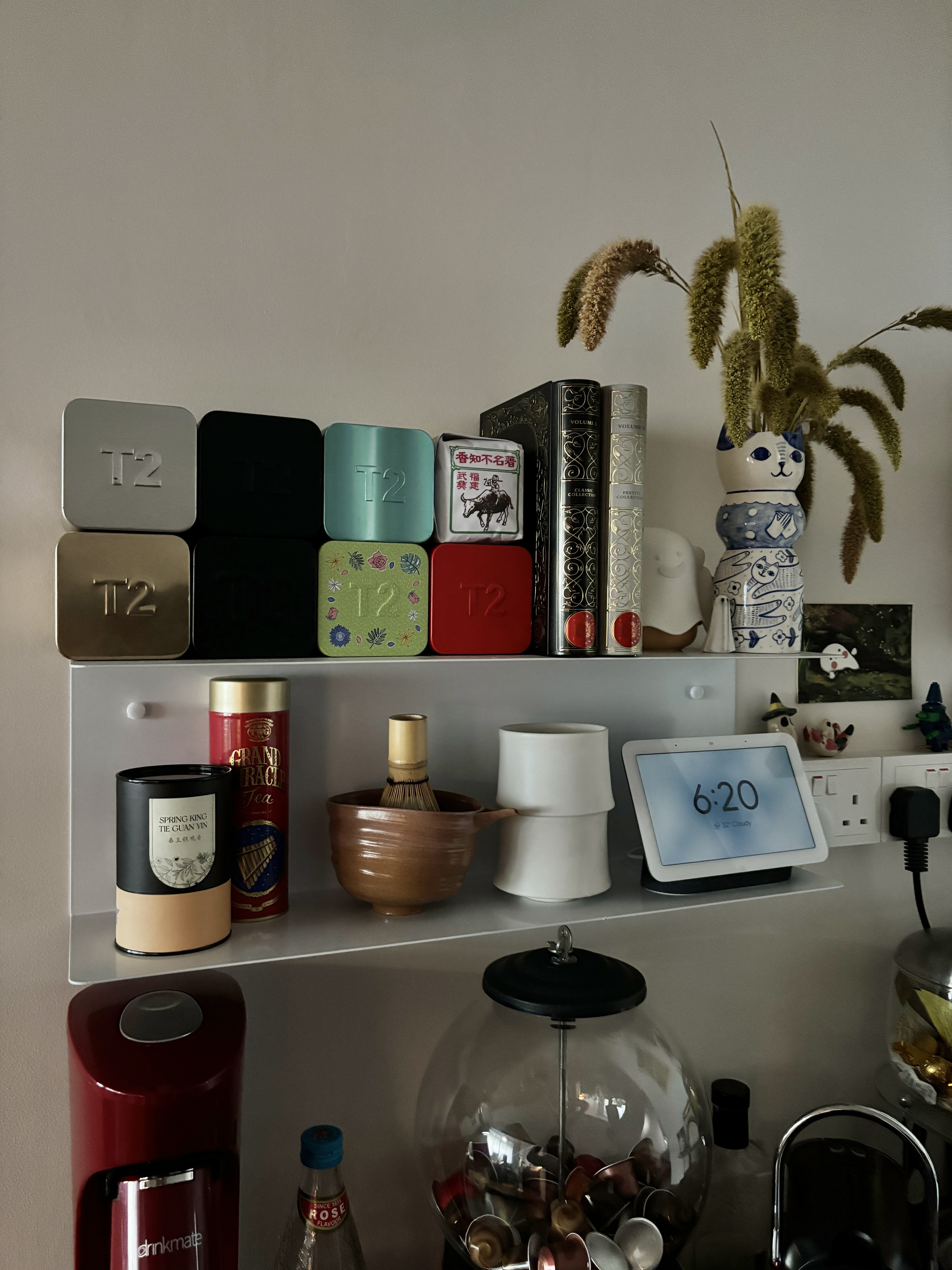 Leveling Up Our Coffee Corner  - T2 boxes, tea containers, decorative boxes, books, decorative vase, cat figurine, digital