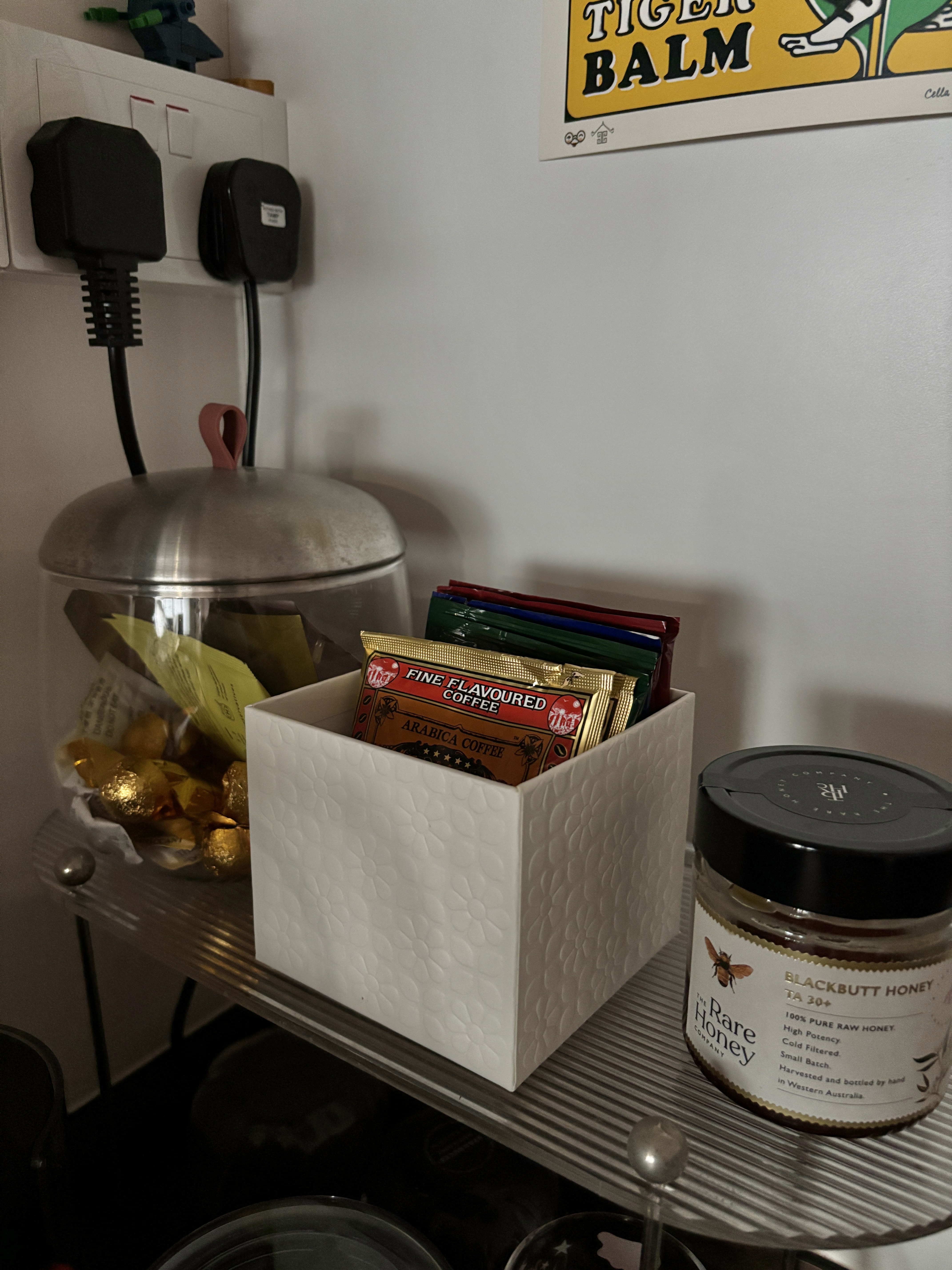 Leveling Up Our Coffee Corner  - wireless charger, power outlet, wall socket, black power adapter, black power cord, coffee