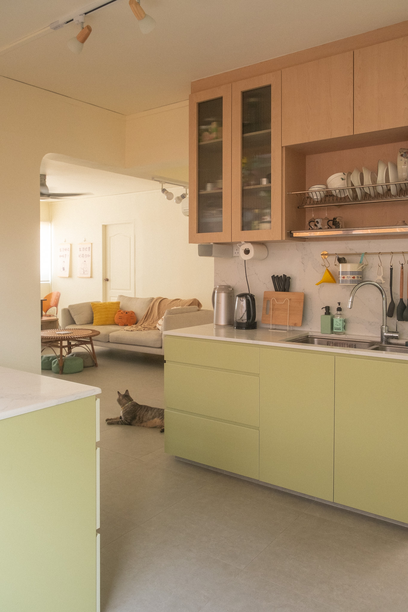 Maximising space in our cosy & quirky home with cats - modern kitchen, cozy living room, cat resting, beige sofa, wooden