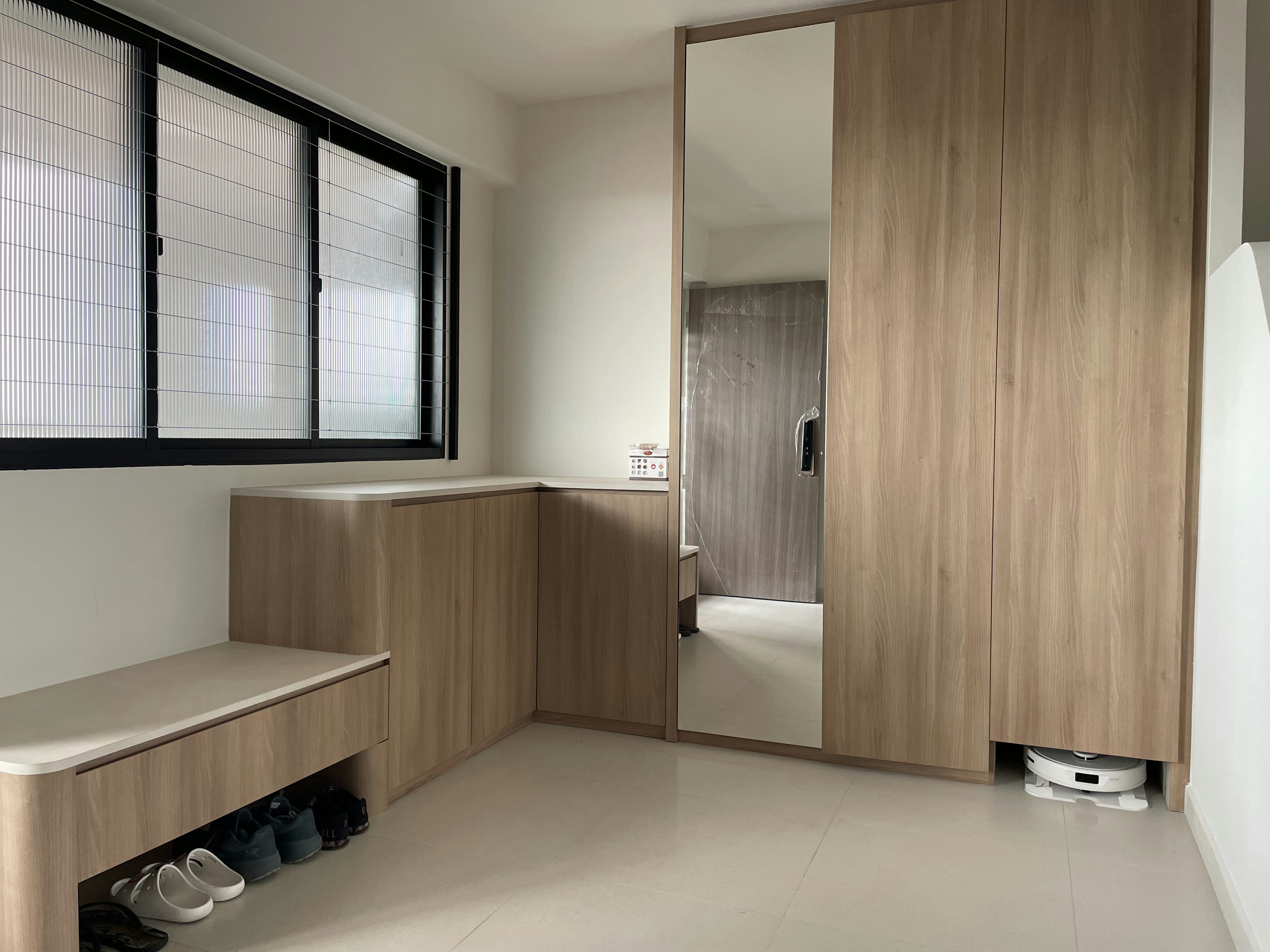 Our Minimalist Scandinavian  "1-Bedroom" HDB Maisonette | 170k Reno - Wooden cabinet, mirror, room, light, white walls