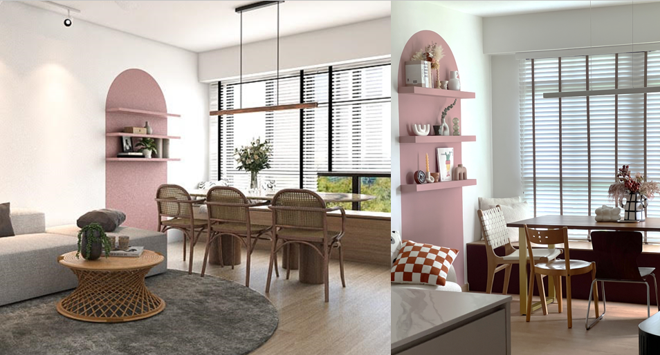 From Rendering to Reality  - Modern living room with pink accent wall, cozy sofa, round coffee table, wicker chairs, large