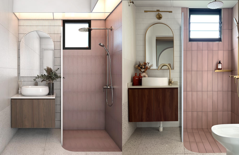 From Rendering to Reality  - Modern bathroom design, minimalist decor, pink and white color scheme, sleek fixtures, dual