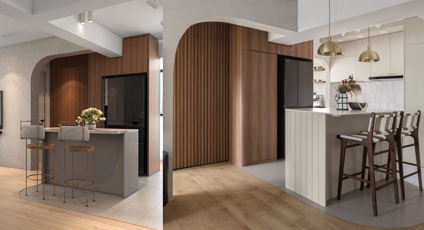 From Rendering to Reality  - Modern kitchen with wooden accents, minimalist design, sleek appliances, pendant lights, open