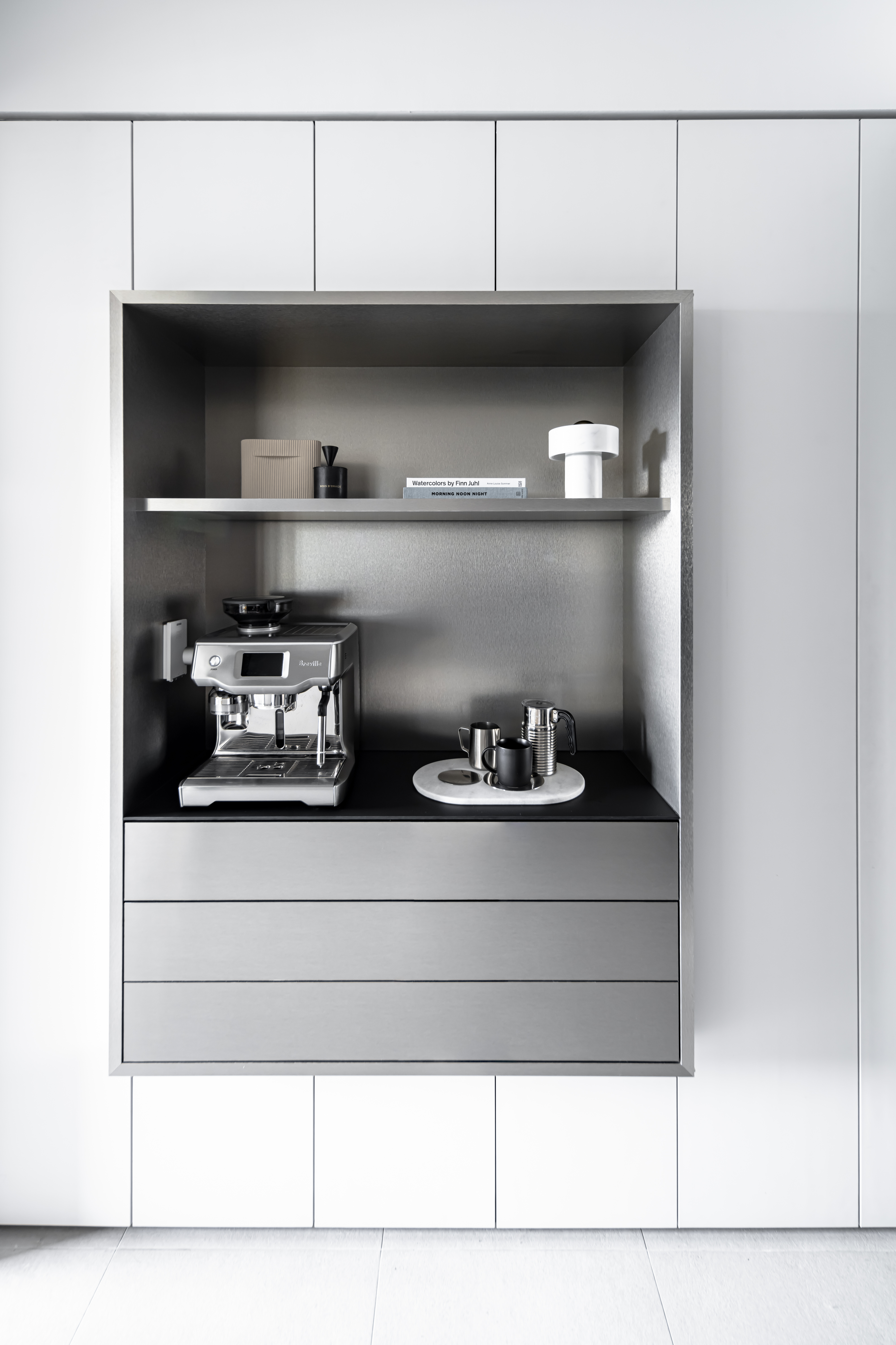 A Chic Modern Apartment Filled with Colors and Objects - Modern kitchen, minimalist design, sleek cabinets, open shelving