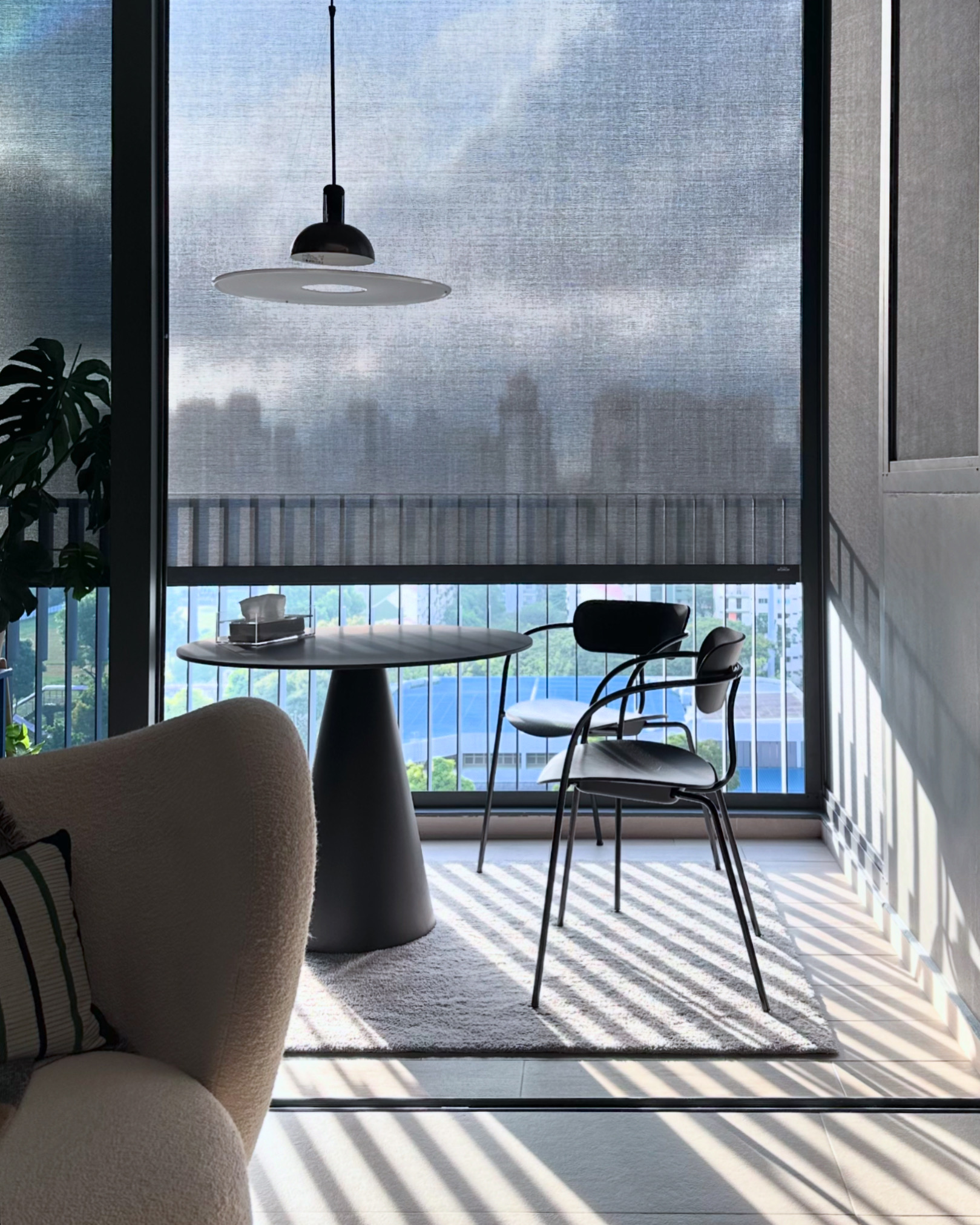 A Chic Modern Apartment Filled with Colors and Objects - Modern minimalist living room, large window with blinds, soft