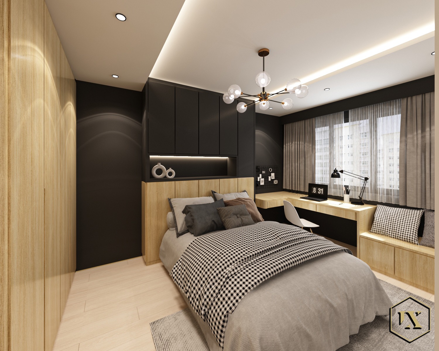 Renders VS Reality: A 50K 4Room Home Cafe Concept BTO in the East - Modern bedroom with sleek design, wooden flooring, and