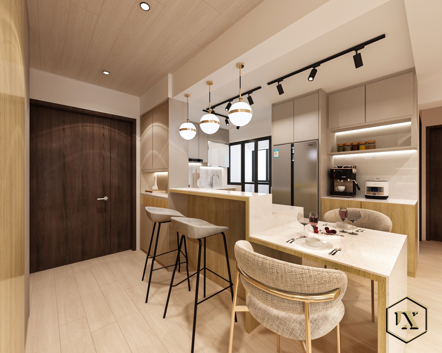 Renders VS Reality: A 50K 4Room Home Cafe Concept BTO in the East - Wooden kitchen cabinetry, modern appliances, sleek bar