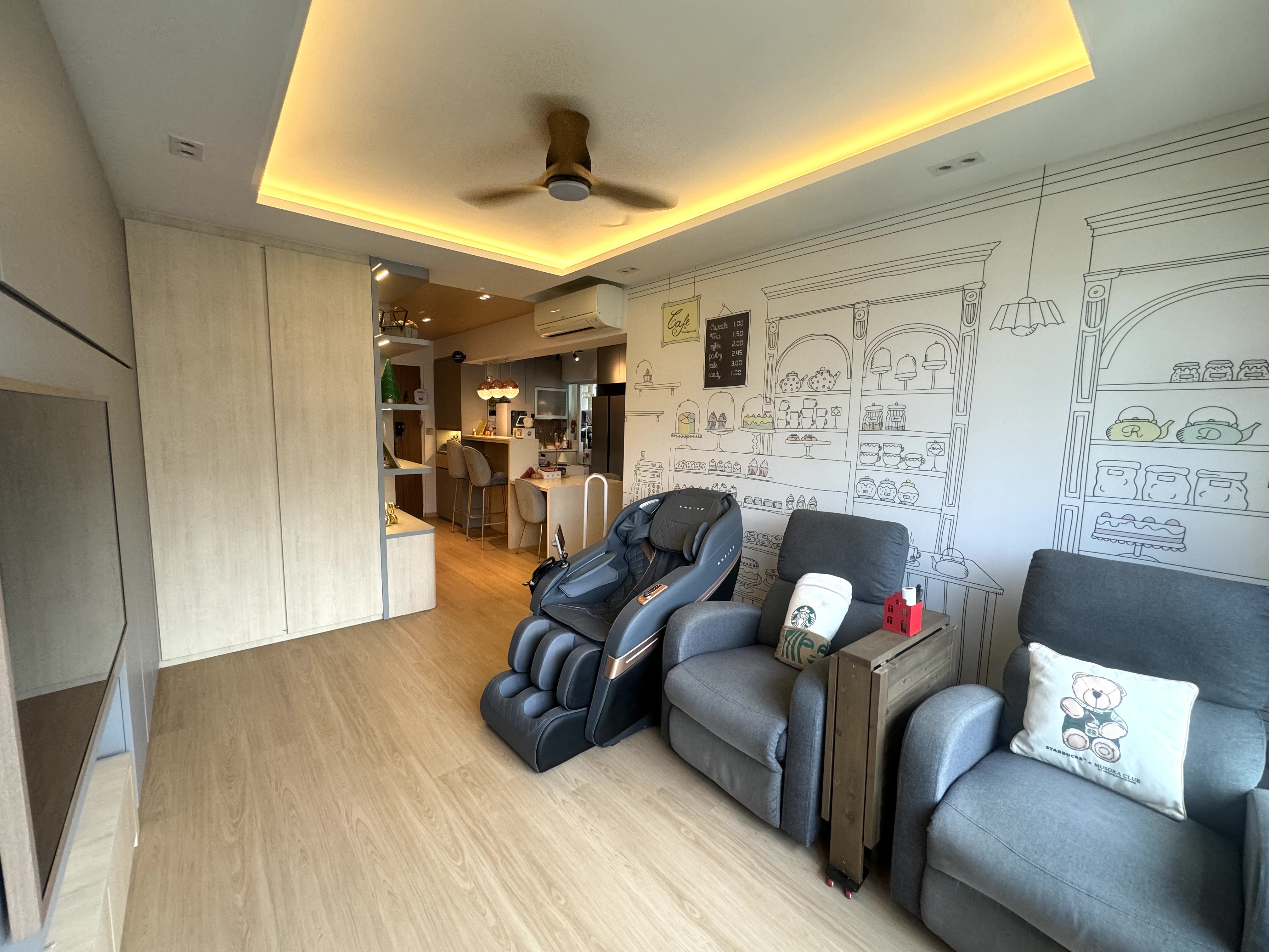 Renders VS Reality: A 50K 4Room Home Cafe Concept BTO in the East - Modern living room with sleek design, minimalist decor