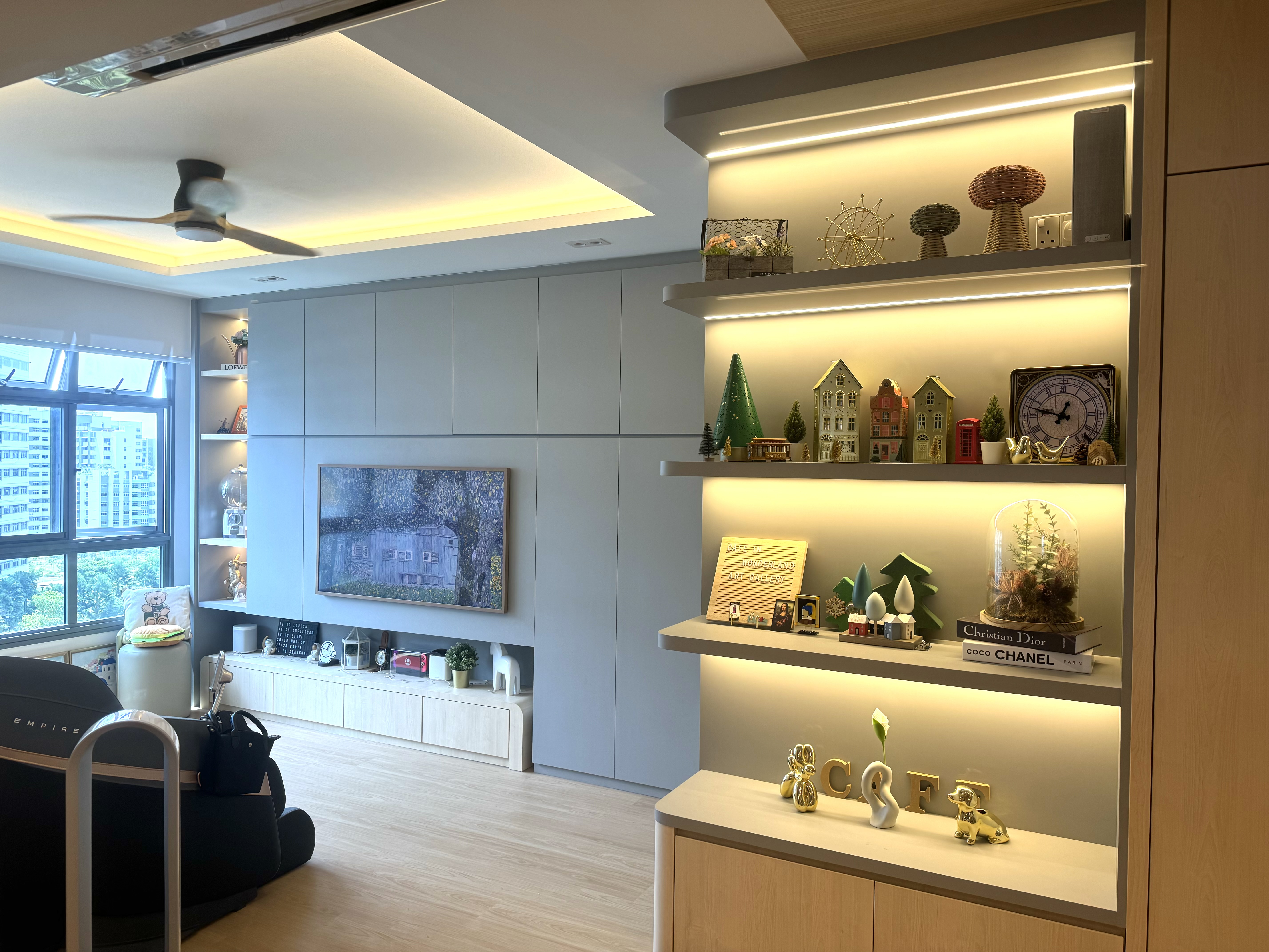 Renders VS Reality: A 50K 4Room Home Cafe Concept BTO in the East - Modern living room with large windows, contemporary