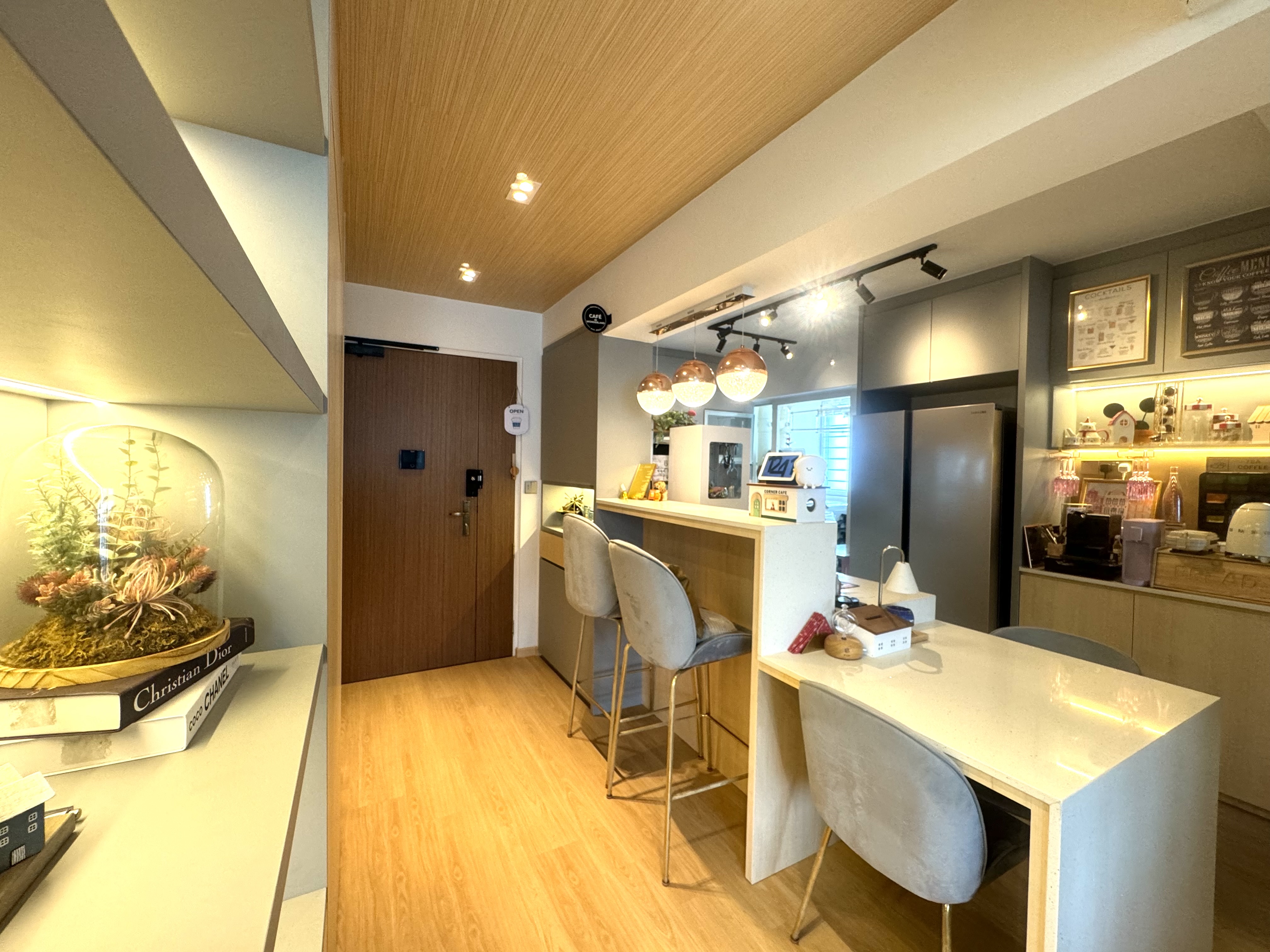 Renders VS Reality: A 50K 4Room Home Cafe Concept BTO in the East - Wooden floor, modern kitchen, dining area, minimalist