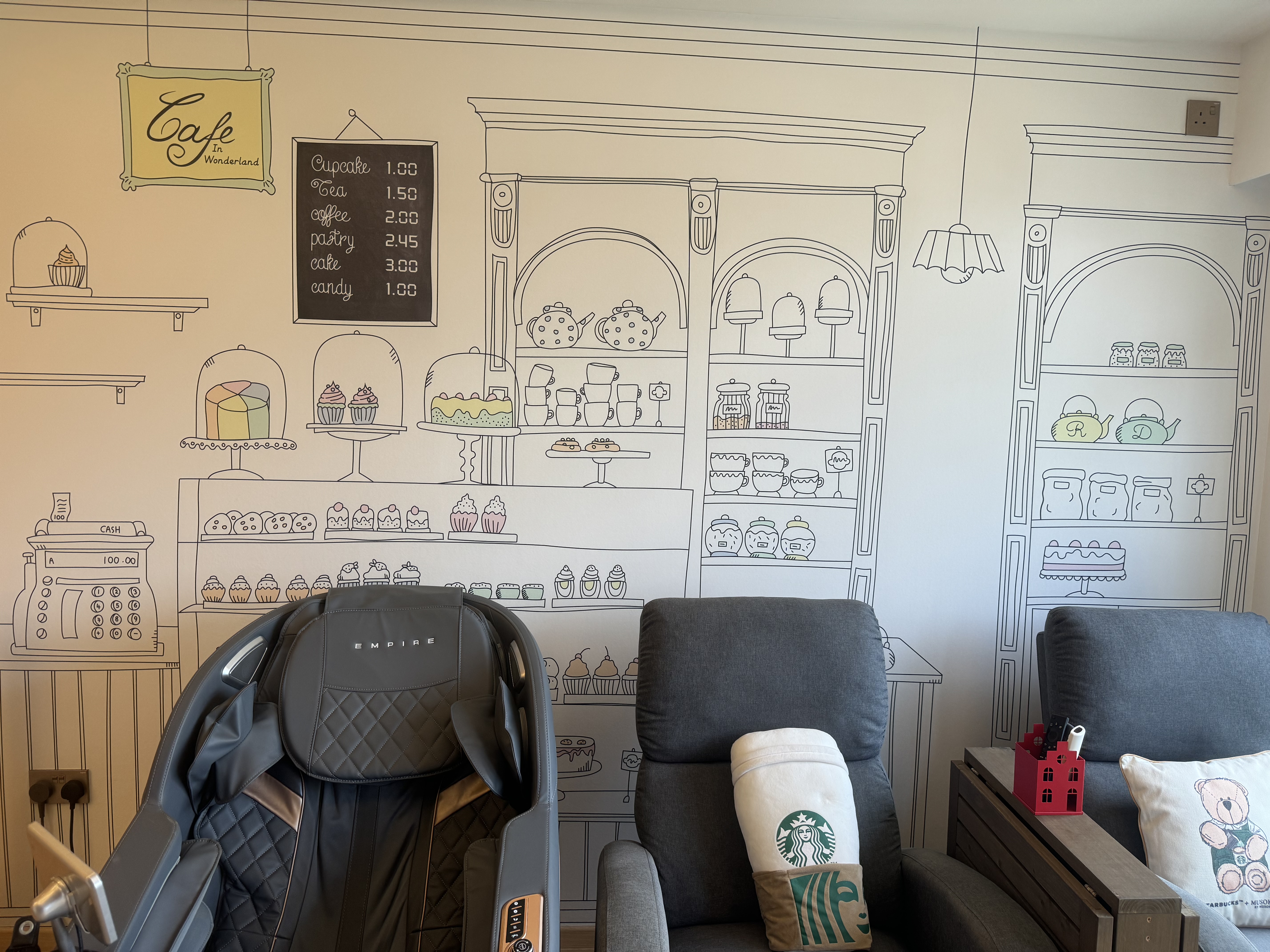 Renders VS Reality: A 50K 4Room Home Cafe Concept BTO in the East - Café in Wonderland interior, cozy seating area, black and