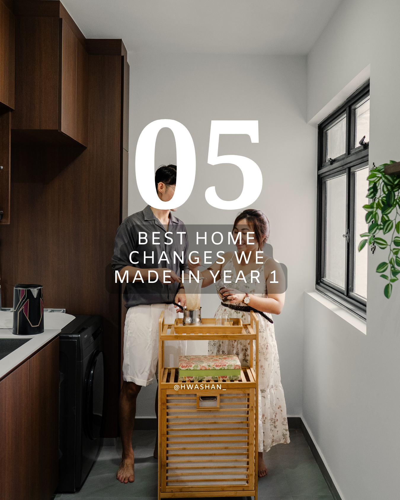 One Year Later – Our Experience & Transformation - Wooden kitchen cabinet, modern interior, couple standing, black and white