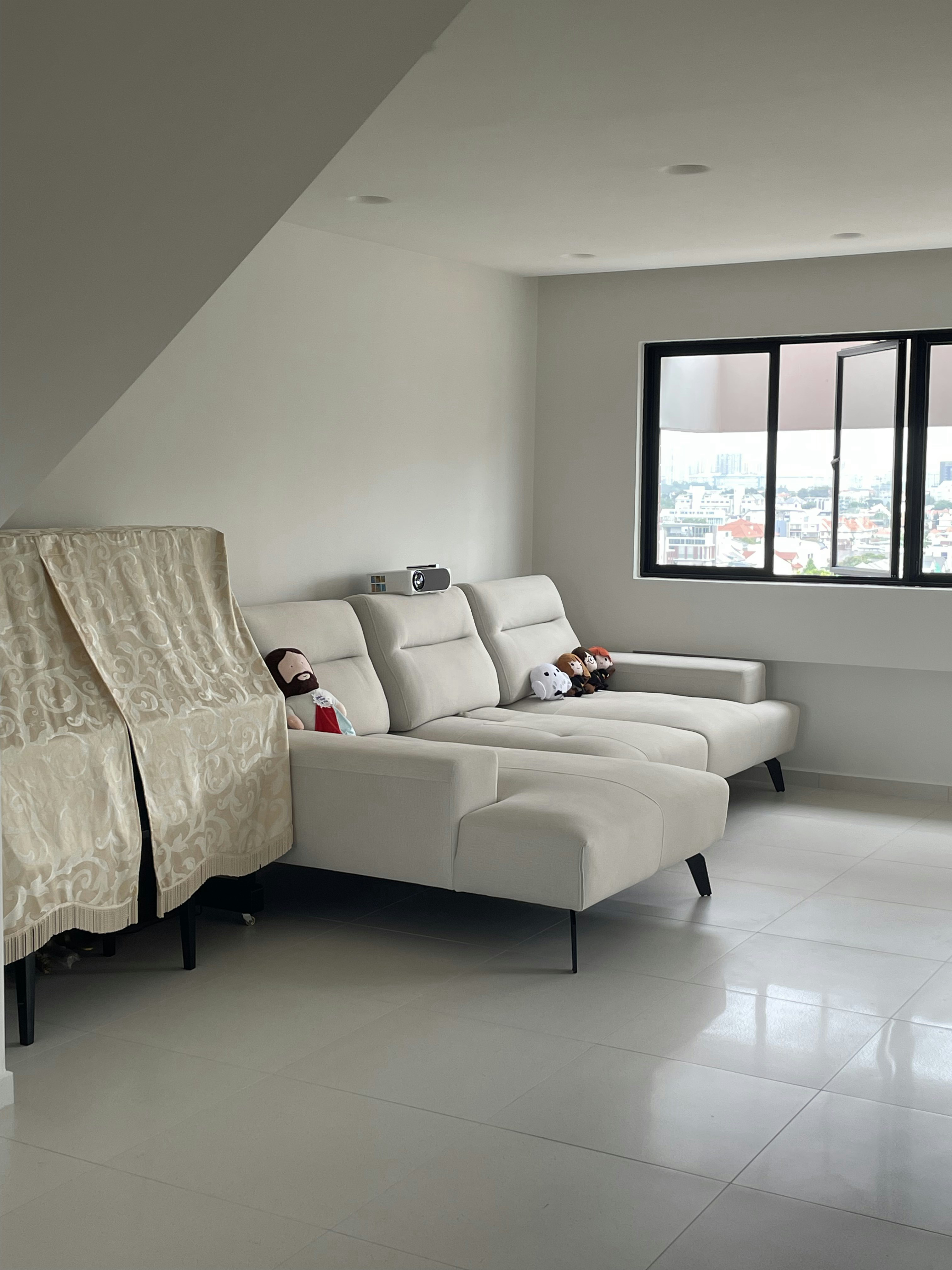 Our Minimalist Scandinavian  "1-Bedroom" HDB Maisonette | 170k Reno - Modern minimalist living room, beige sectional sofa