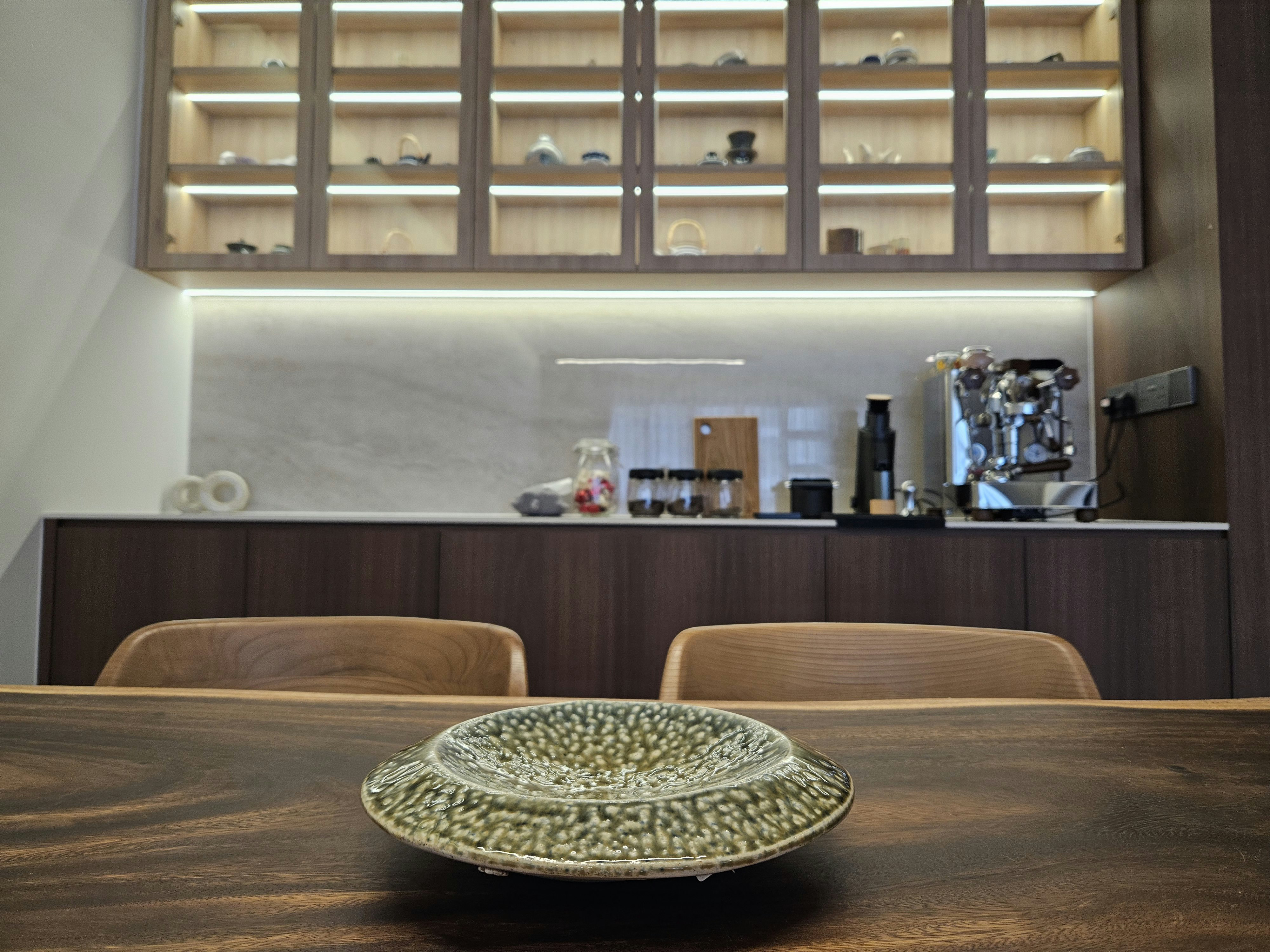 Step into our wood and pottery-filled 5-Room BTO - Wooden dining table, minimalist kitchen, modern decor, wooden chairs