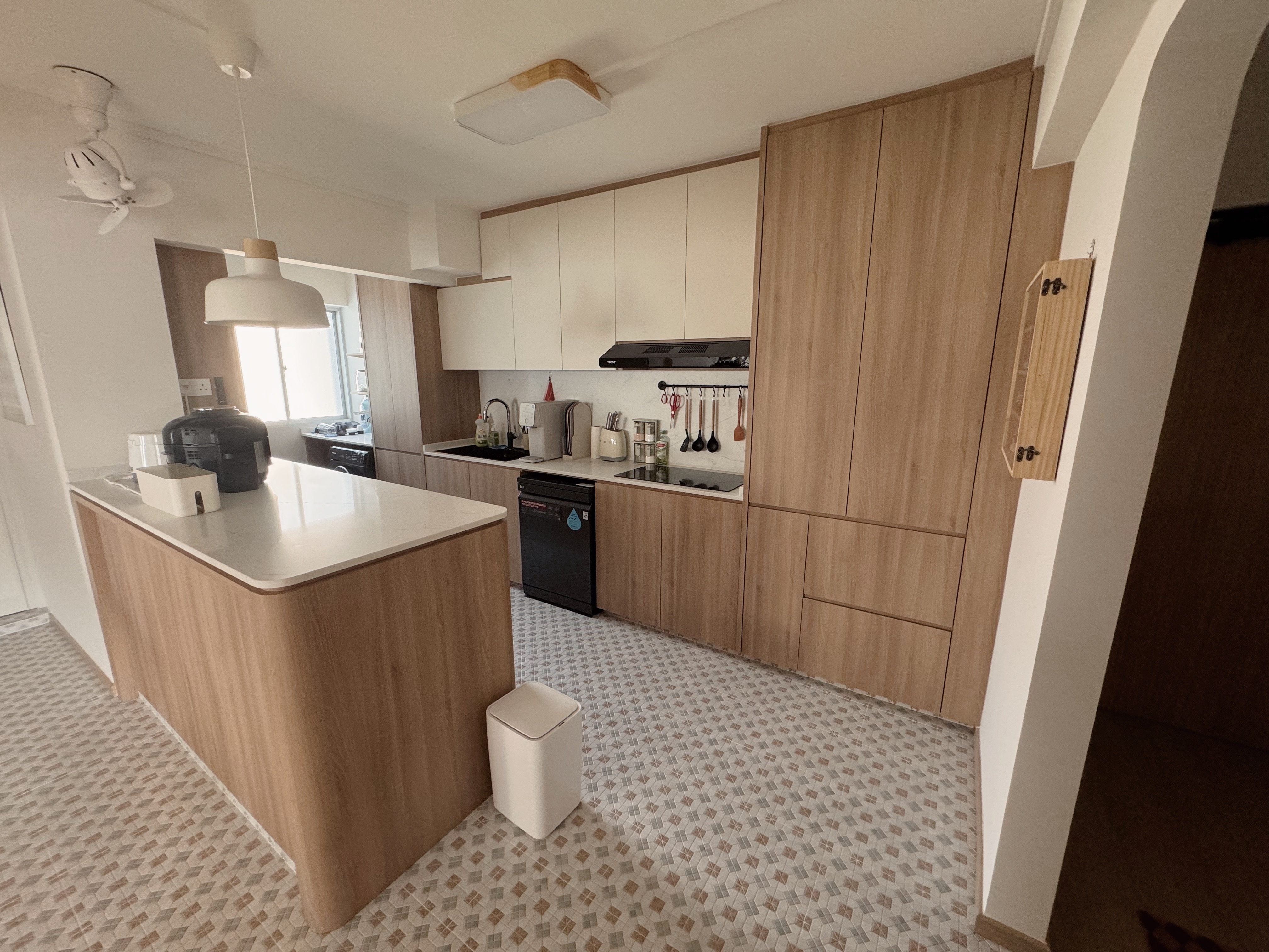 Our $85k renovation to house our toy collection & museum!  - Wooden kitchen cabinets, modern appliances, white ceiling fan