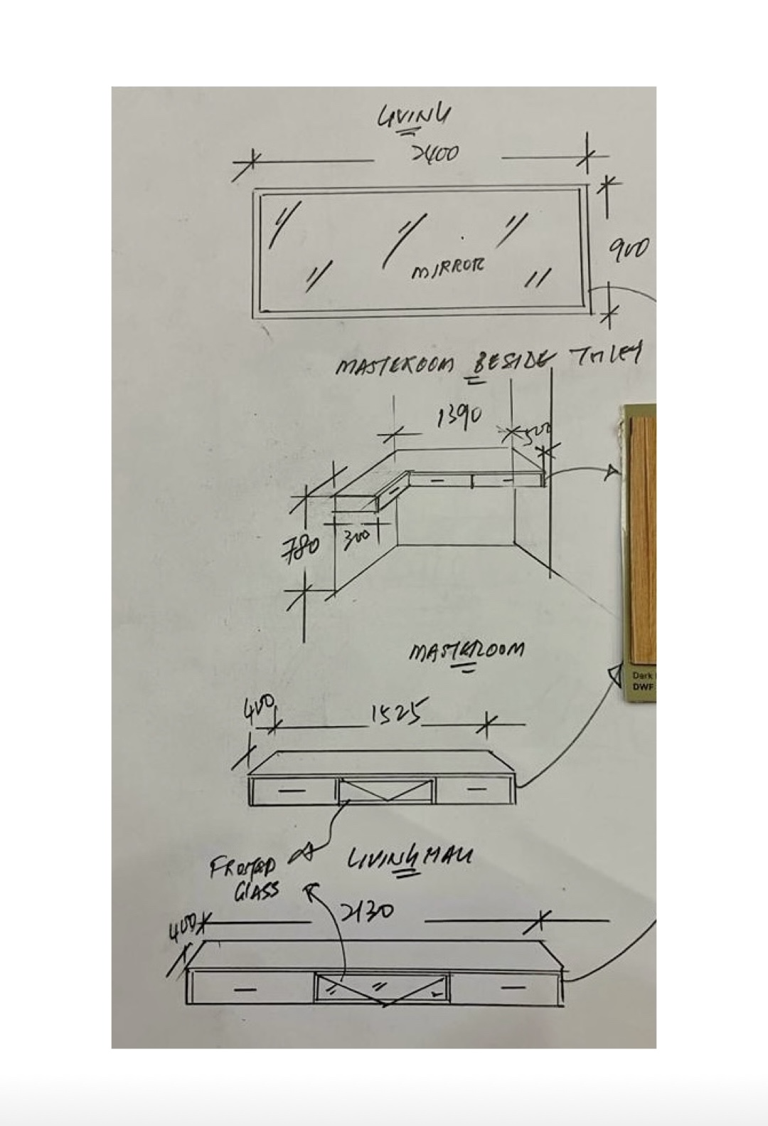 From (sketch) renders to reality - Master bedroom design sketch, vanity area dimensions, master bathroom layout, vanity and
