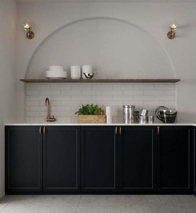 Sketches brought to life! (Renders vs Reality) - Dark navy kitchen cabinets with gold handles, white tiled backsplash, rustic