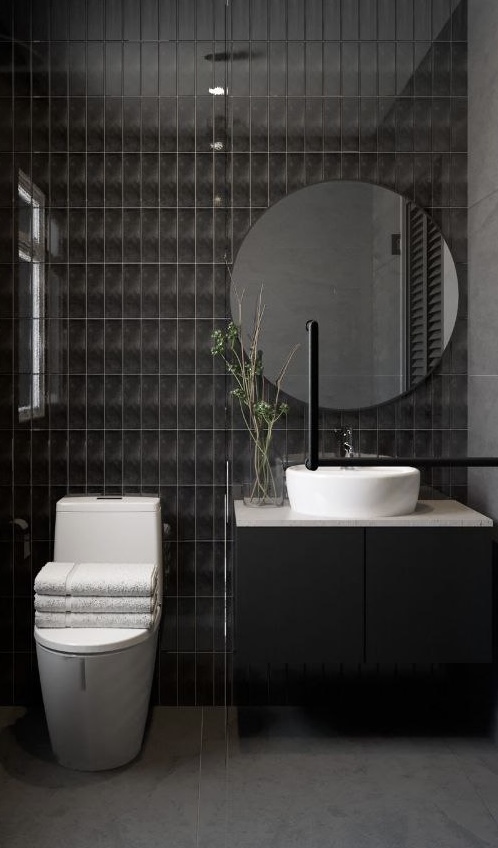 Sketches brought to life! (Renders vs Reality) - Modern minimalist bathroom, sleek black tiles, contemporary design, large
