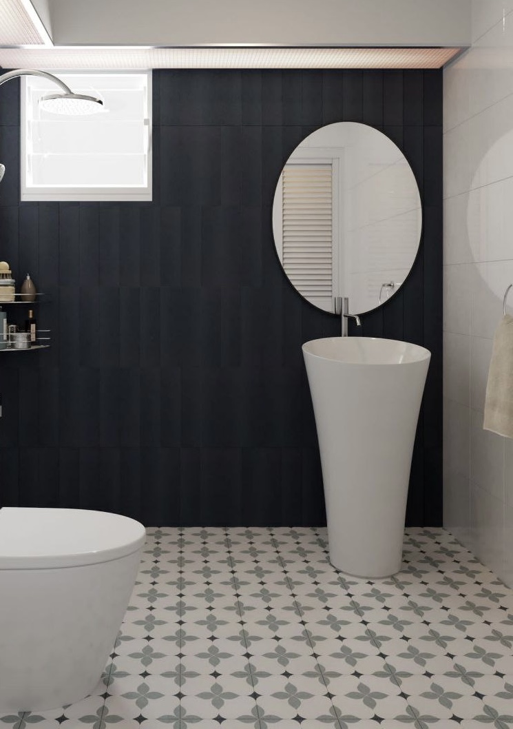 Sketches brought to life! (Renders vs Reality) - Dark wood paneling, modern design, sleek fixtures, white toilet, circular