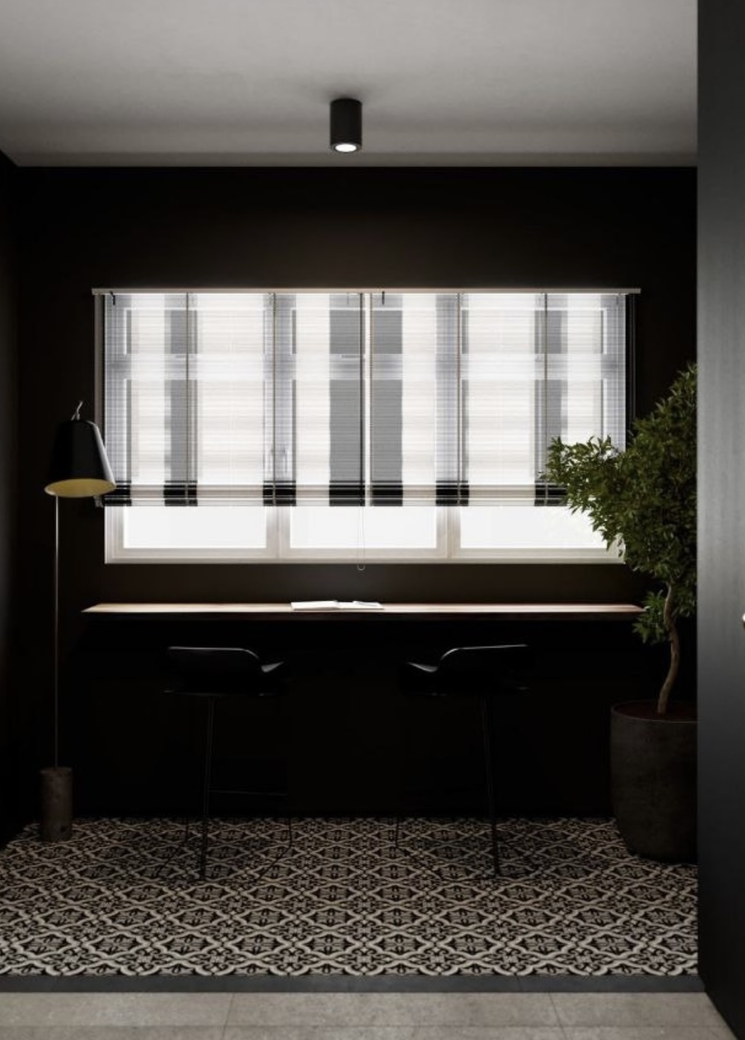 Sketches brought to life! (Renders vs Reality) - Modern minimalist study room, sleek desk, black chairs, large window with