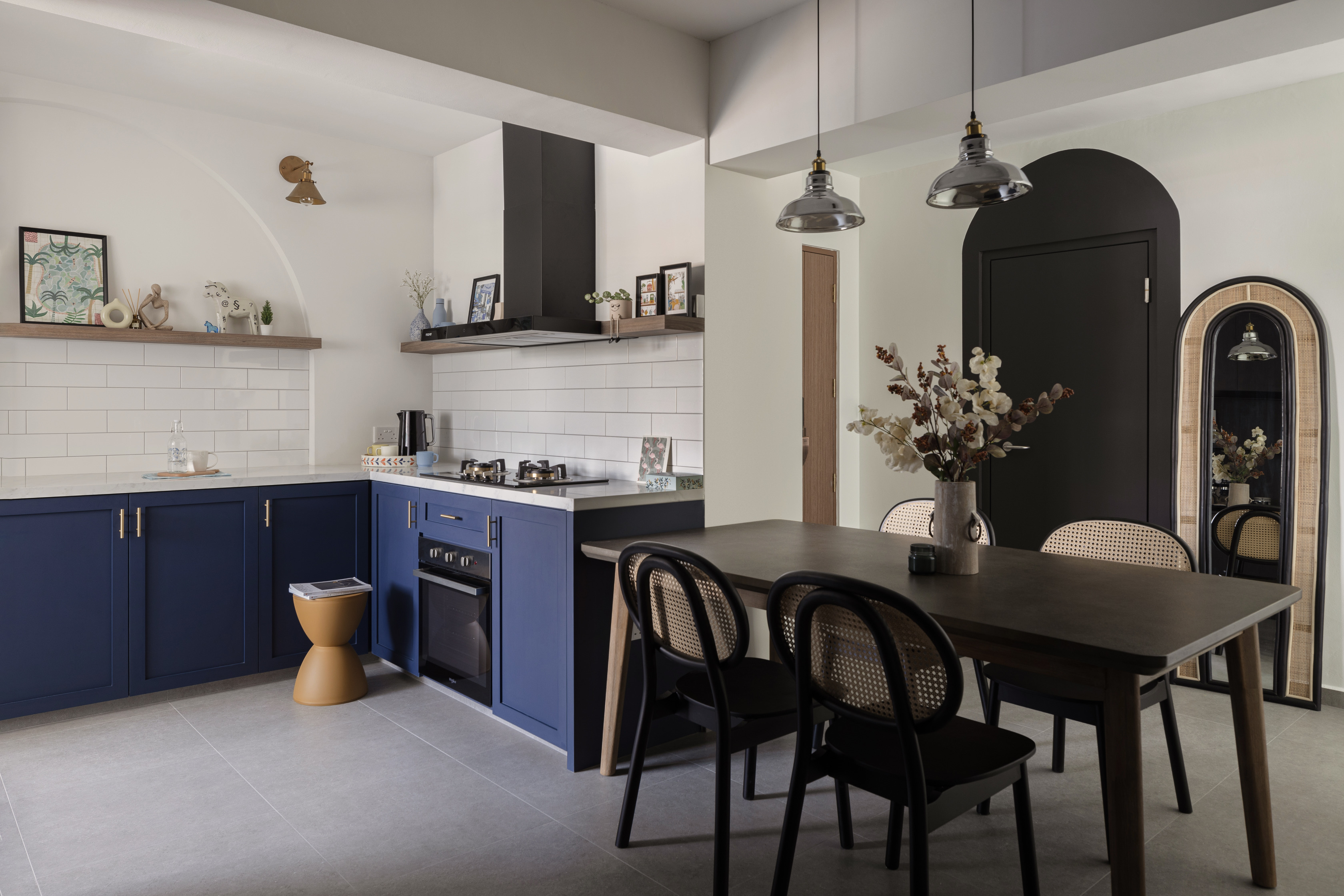 Sketches brought to life! (Renders vs Reality) - Modern kitchen with blue cabinets, white tiled backsplash, black appliances