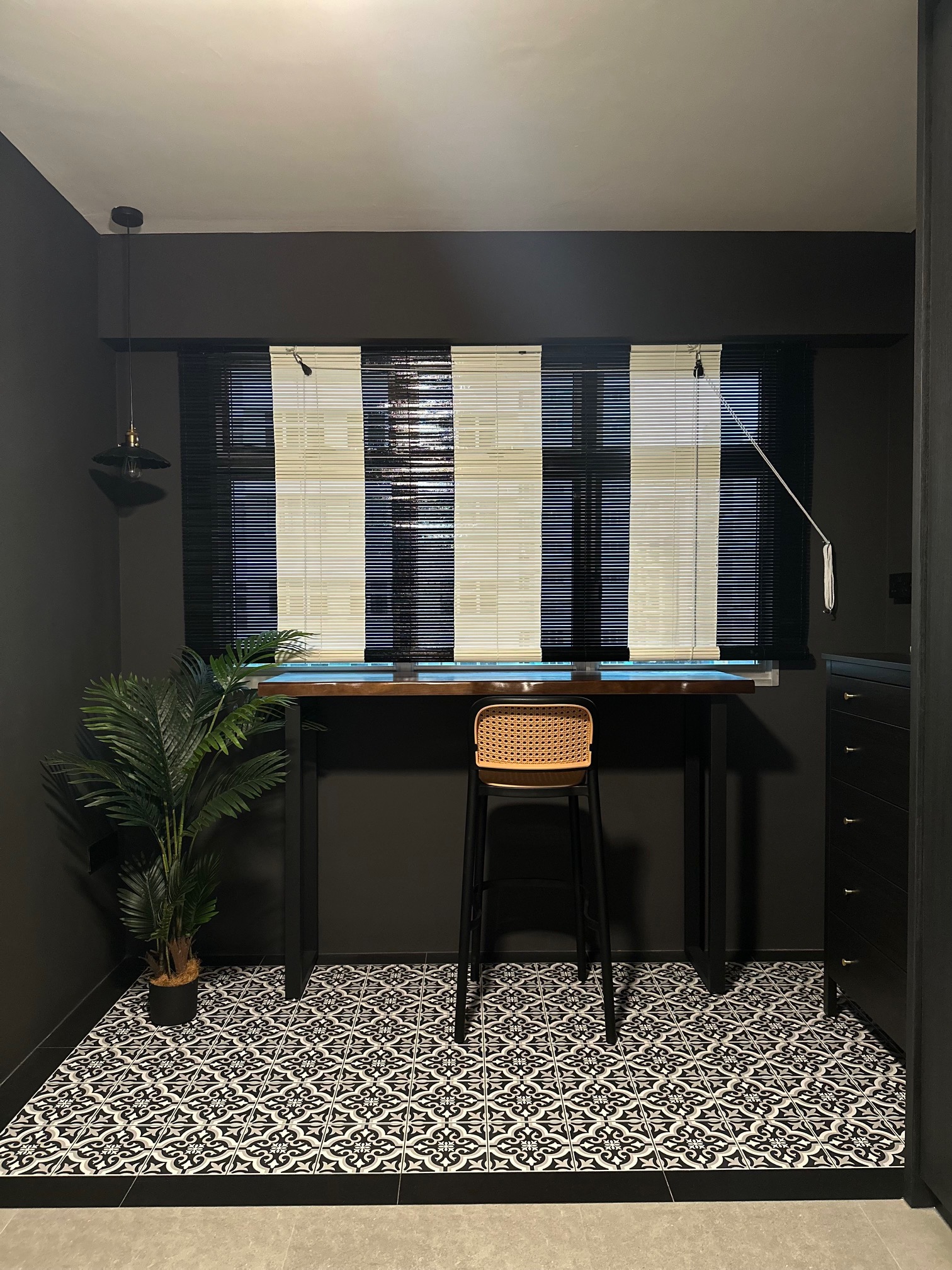 Sketches brought to life! (Renders vs Reality) - black and white patterned tiles, modern minimalist design, sleek desk, black