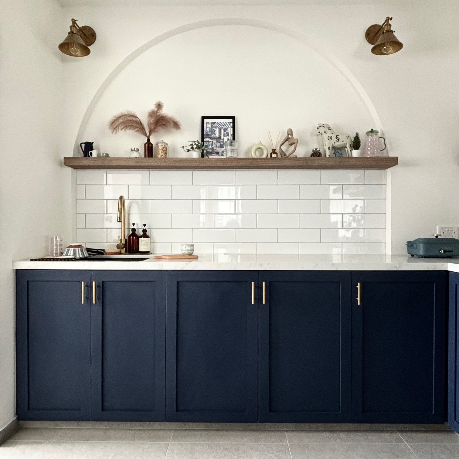 Sketches brought to life! (Renders vs Reality) - Dark blue kitchen cabinets with gold handles, white tiled backsplash, rustic