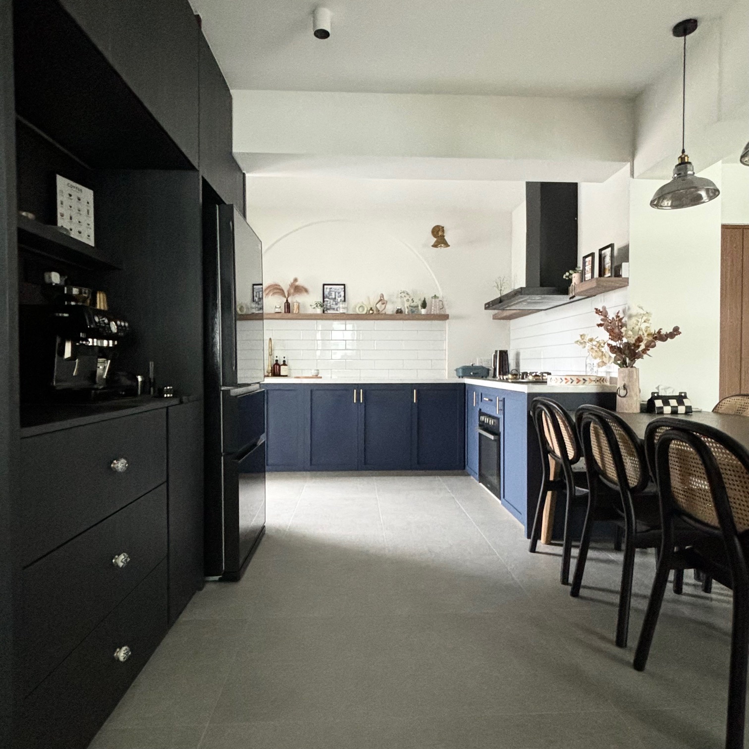 Sketches brought to life! (Renders vs Reality) - Dark navy kitchen cabinets, white subway tiles, black and blue color scheme