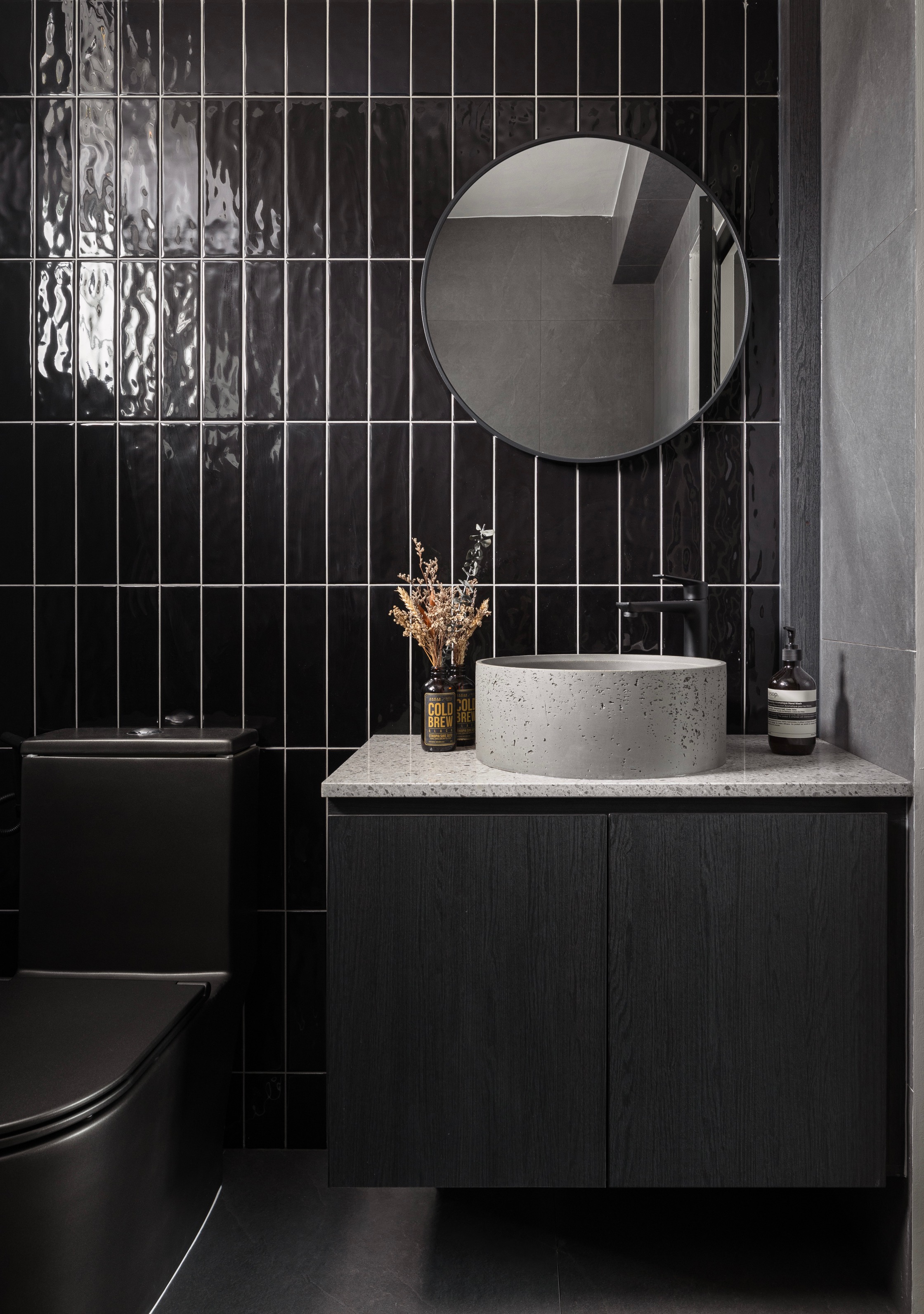 Sketches brought to life! (Renders vs Reality) - modern bathroom, sleek design, black tiles, glossy finish, minimalist decor