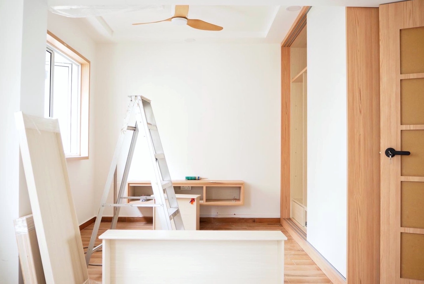 From (sketch) renders to reality - cleaning room, renovation project, interior design, wooden furniture, white walls, light