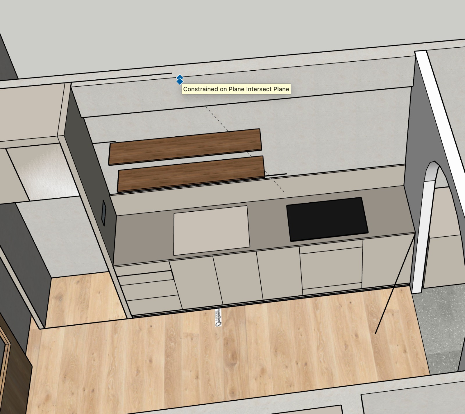 Tips & Tricks for Renovation Rendering - Modern kitchen layout, constrained design, plane intersect plane, wooden cabinets