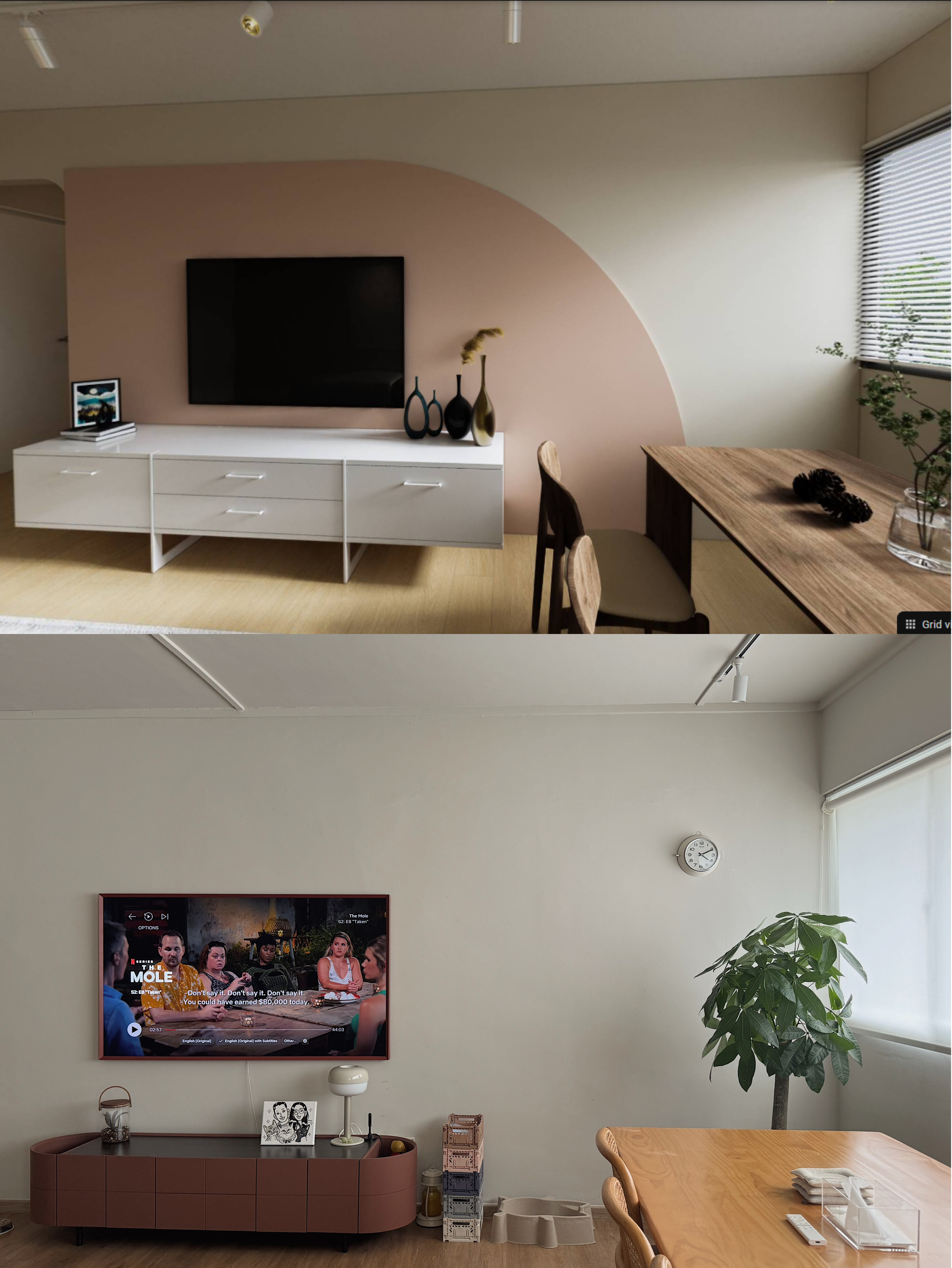 Tips & Tricks for Renovation Rendering - Modern minimalist living room, contemporary furniture, sleek TV stand, abstract art