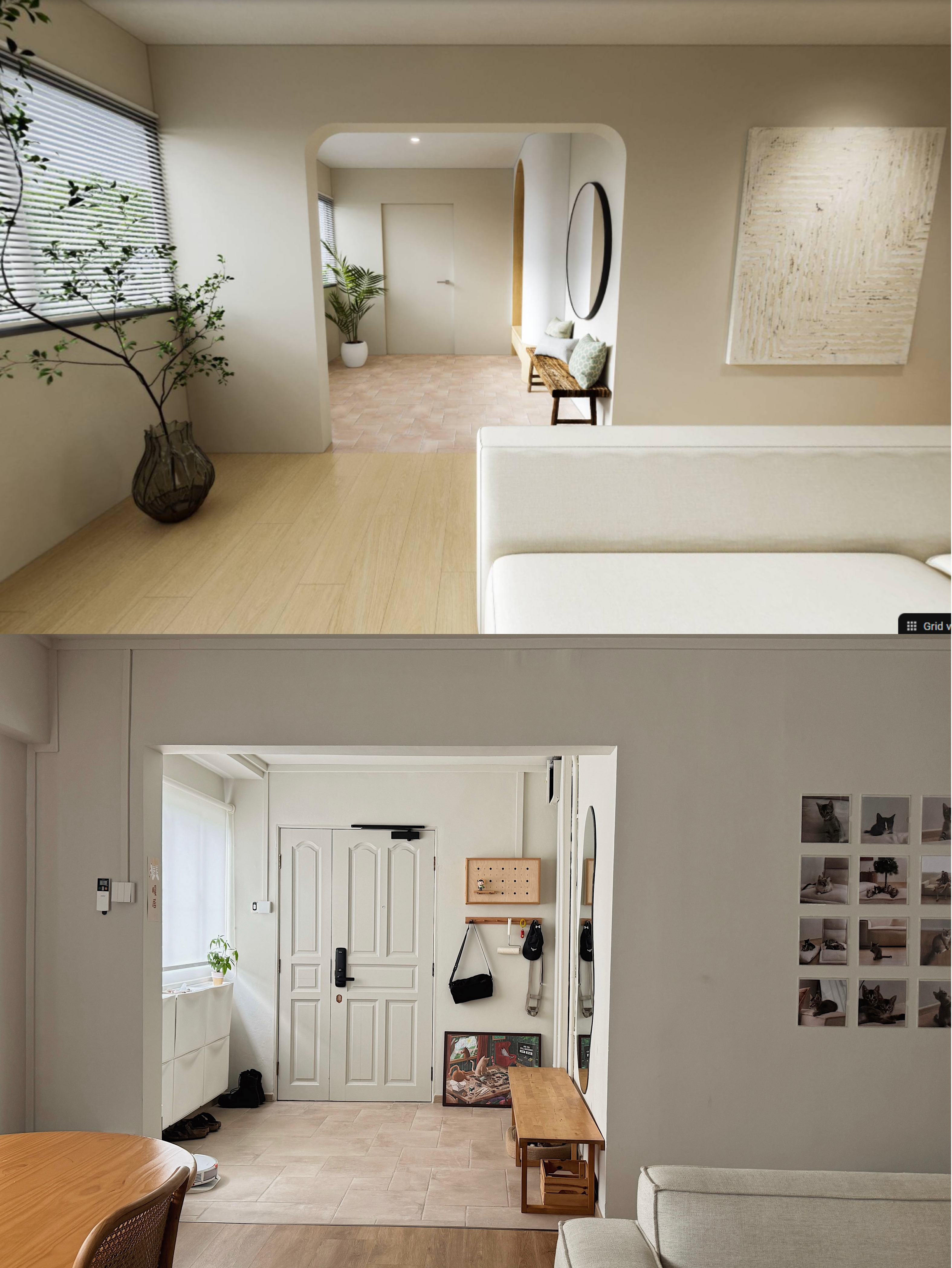 Tips & Tricks for Renovation Rendering - Modern minimalist living room, cozy seating area, light beige walls, wooden floor