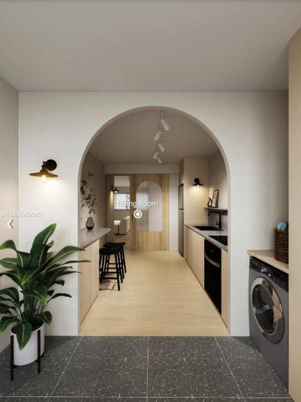 Tips & Tricks for Renovation Rendering - Modern minimalist kitchen and living room, neutral color palette, open-concept