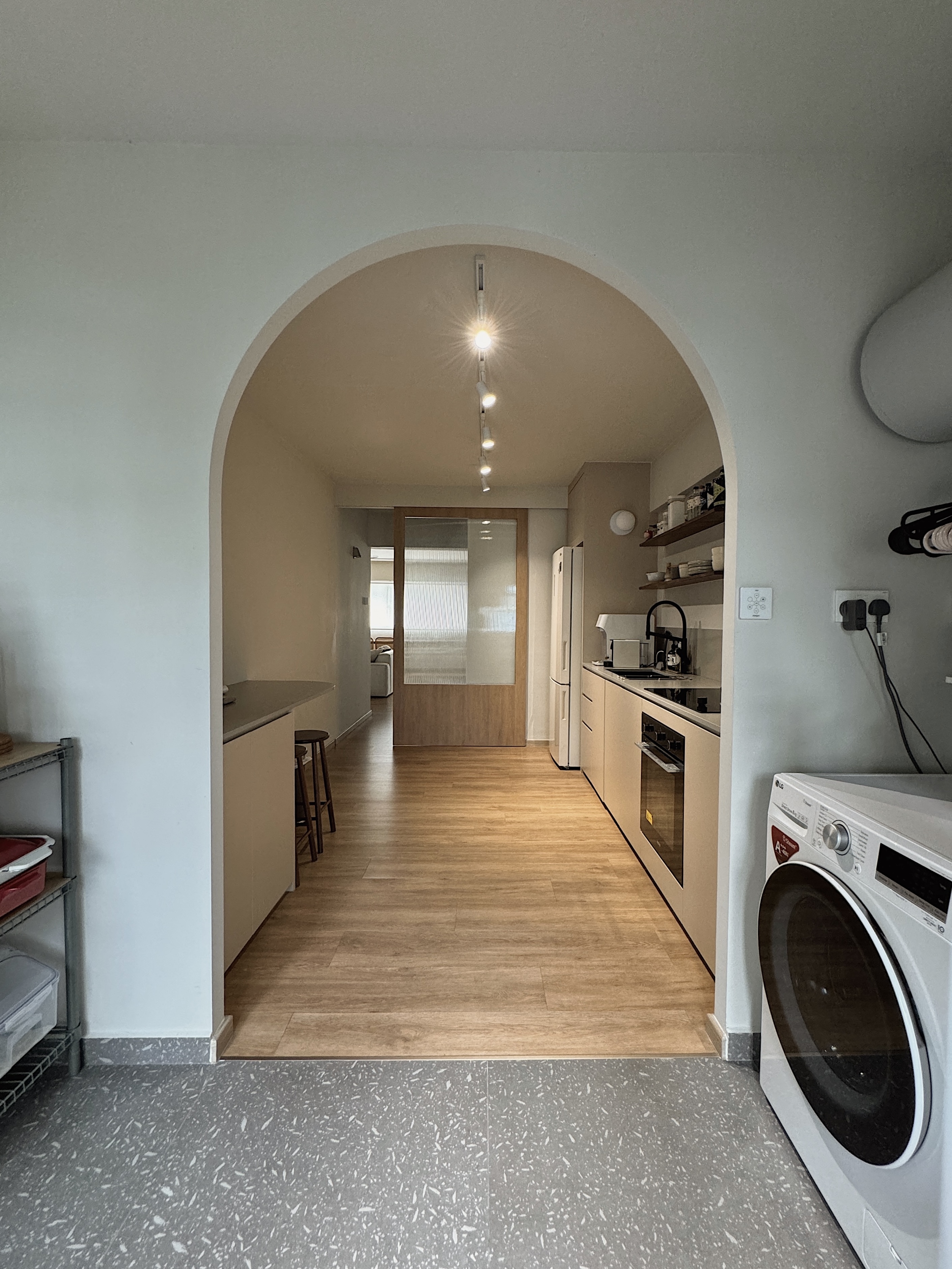 Tips & Tricks for Renovation Rendering - Kitchen, living area, archway, modern design, open-concept, kitchen island, wooden