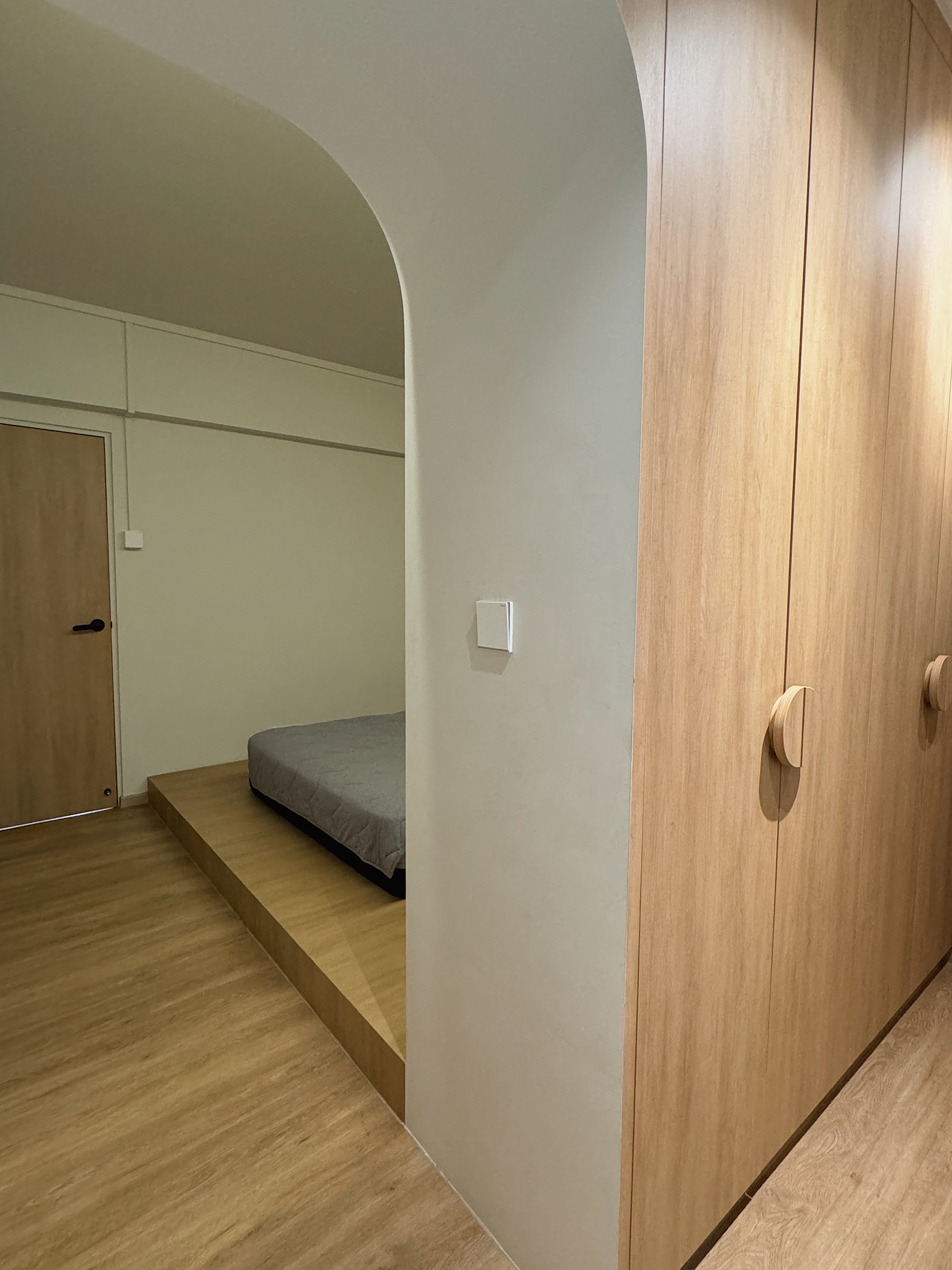 Tips & Tricks for Renovation Rendering - Wooden wardrobe, minimalist design, light beige walls, wooden flooring, modern