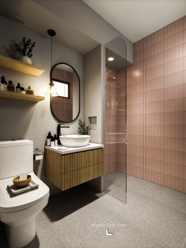 Tips & Tricks for Renovation Rendering - Modern minimalist bathroom, sleek design, floating vanity, wooden shelves, potted