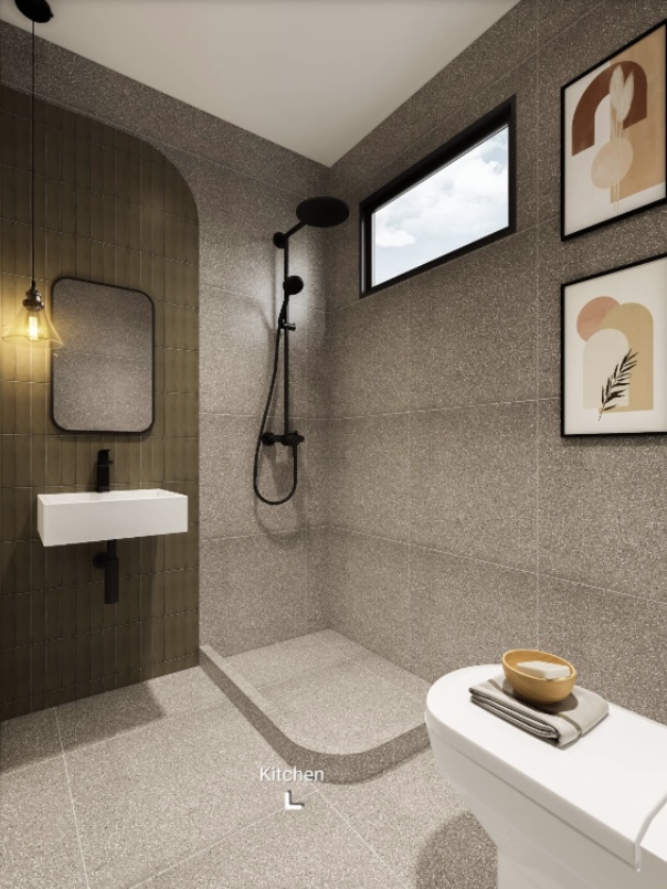 Tips & Tricks for Renovation Rendering - modern bathroom, contemporary design, minimalist decor, sleek fixtures, gray stone