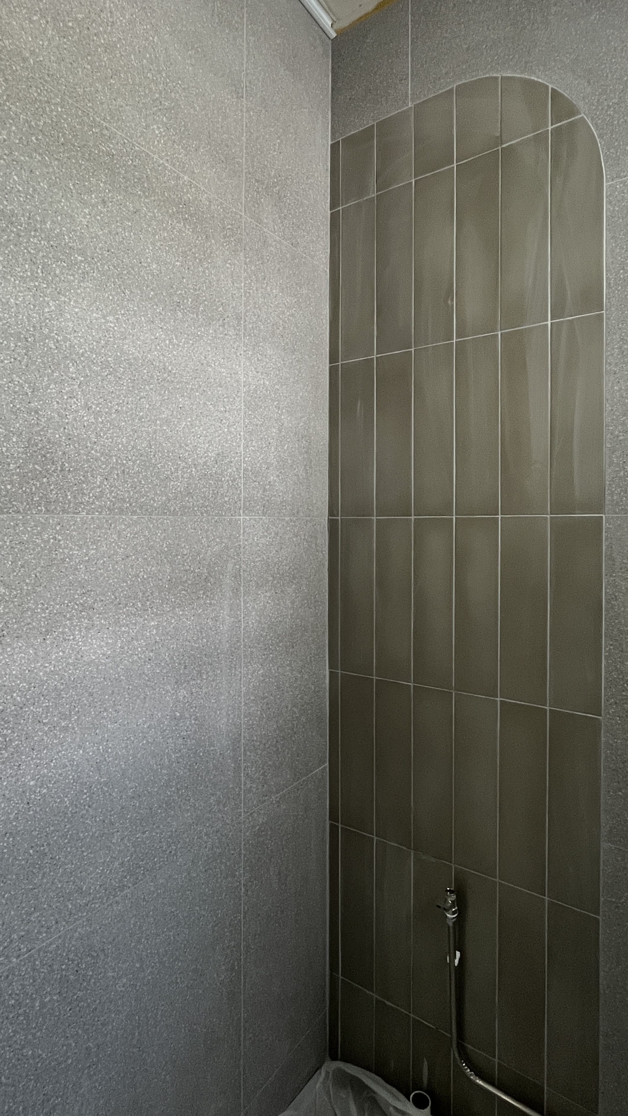 Tips & Tricks for Renovation Rendering - Grey tiled shower enclosure, modern design, textured wall, rectangular tiles, clean