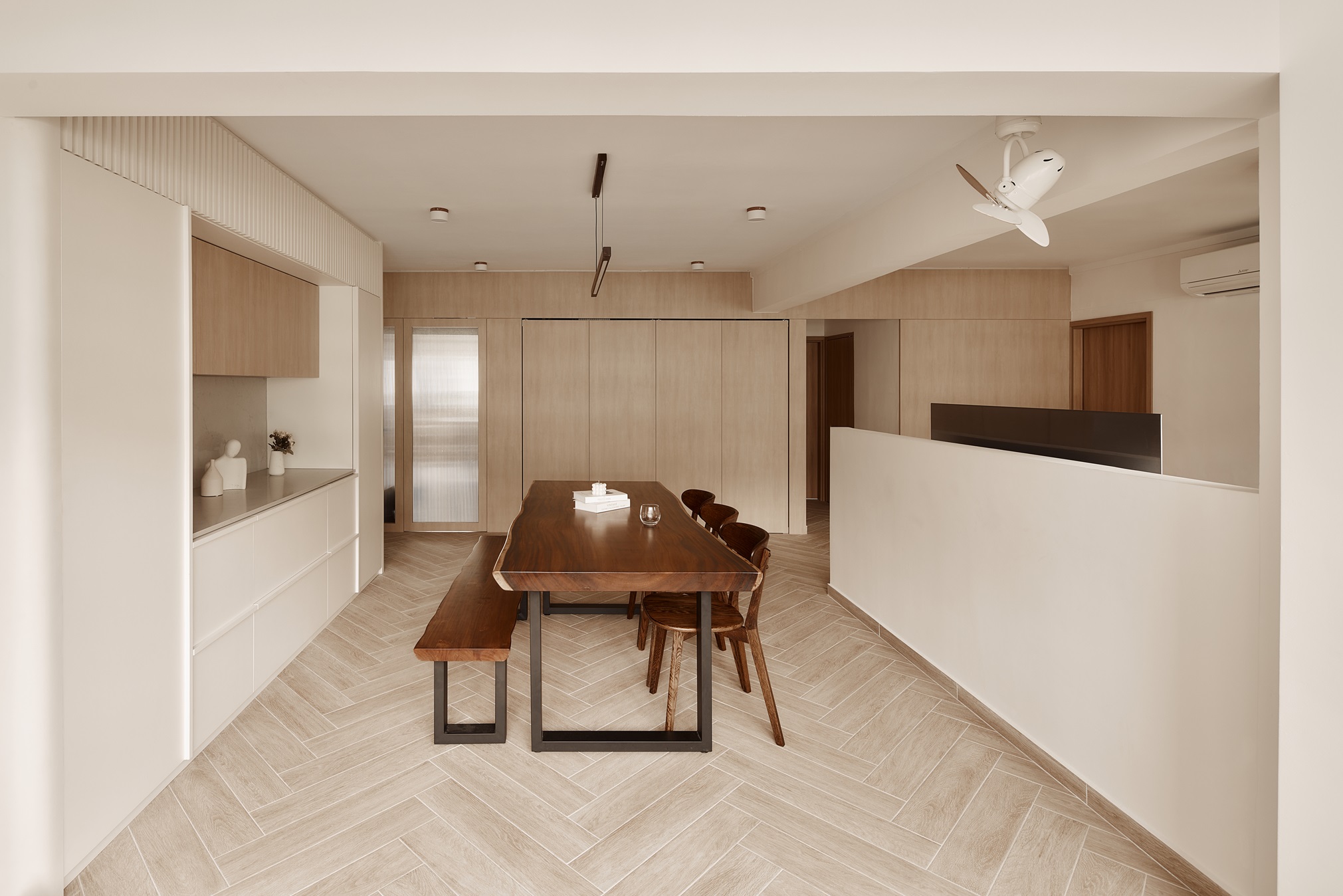 Recreating a 42Yrs Old HDB for 120K - Wooden dining table with black legs, minimalist kitchen cabinets, light beige
