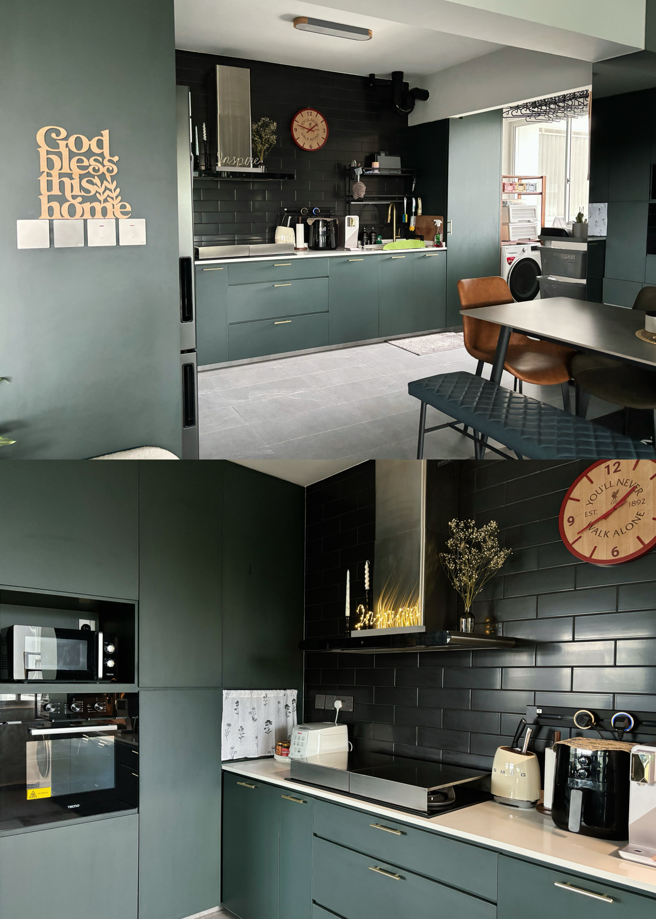 The Magic of Home by Potterhomeadventures - Modern kitchen with teal cabinets, black backsplash, and gray tiled floor.