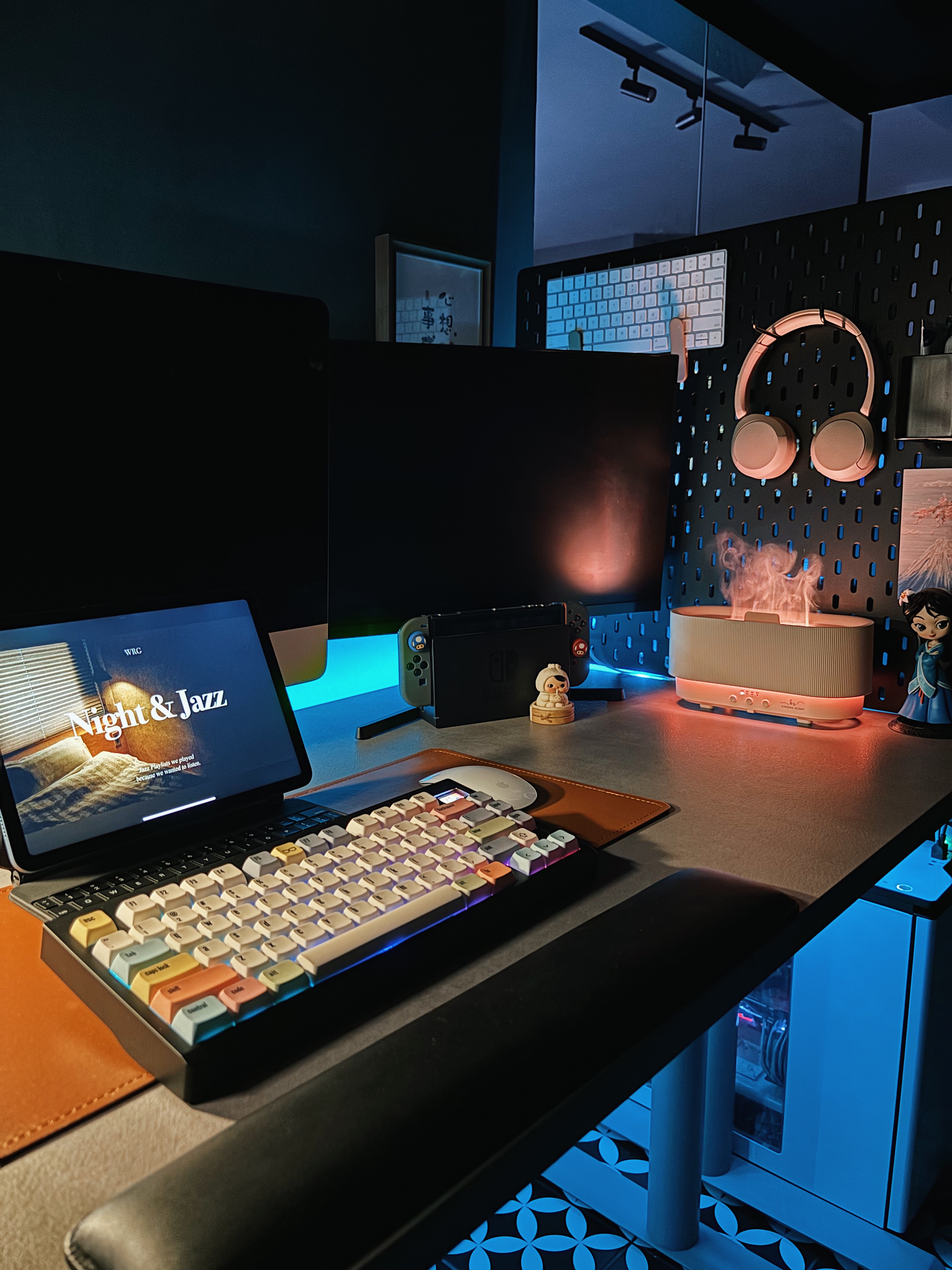 The Magic of Home by Potterhomeadventures - Night and Jazz, Laptop screen, Wired headphones, RGB keyboard, Monochrome mouse