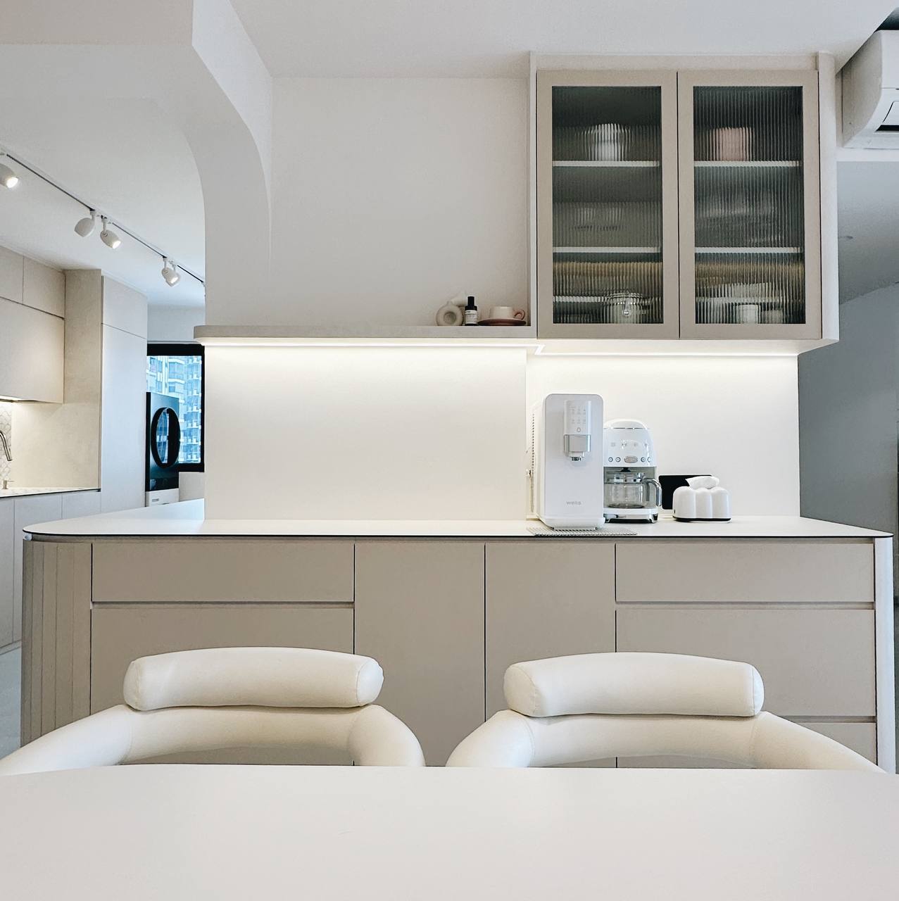 Our Dining Room: 3m of uncluttered storage space!  - Modern kitchen with sleek design, minimalist decor, white cabinets and