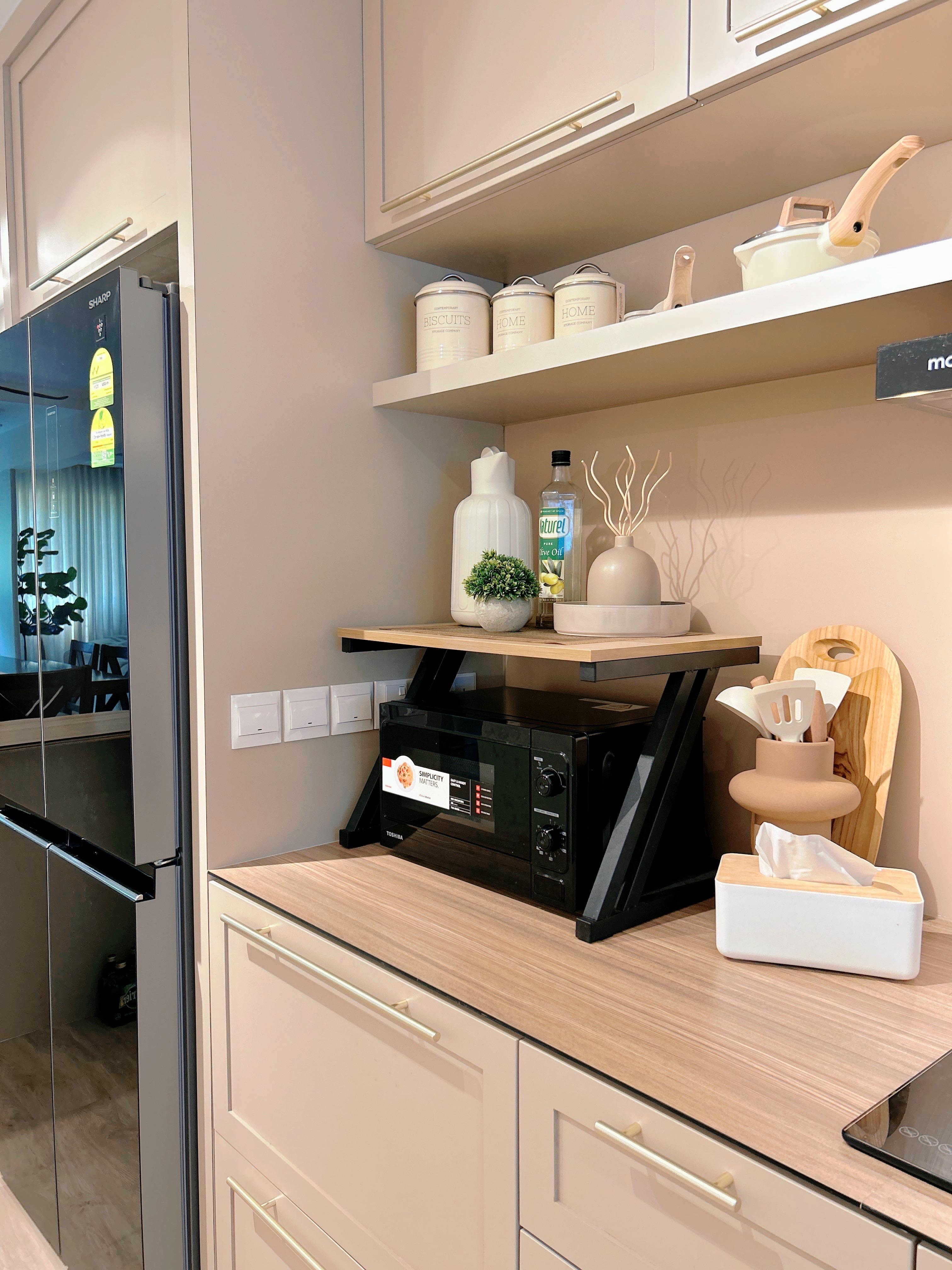 An Open-Concept Galley Kitchen: Where Style Meets Function - Shelf with kitchen items, minimalist design, modern kitchen